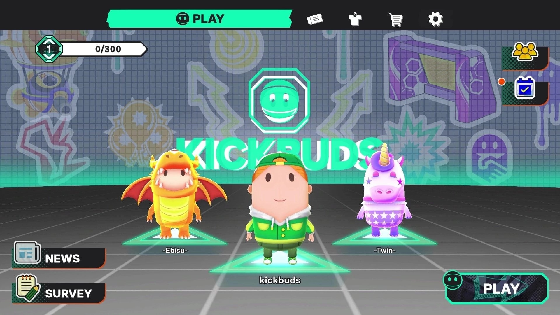 KICK BUDS: Main menu with three avatars on pads and PLAY button on neon graffiti grid backdrop.