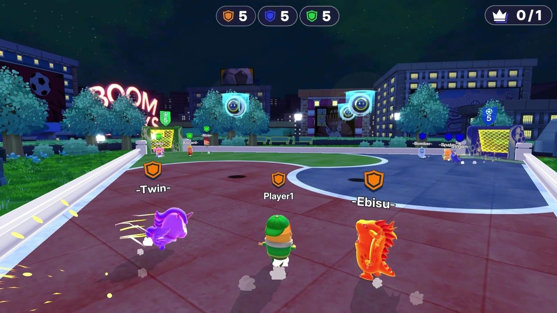 KICK BUDS: Three players sprint on a lit court toward goals, shield icons and score UI at night city park.