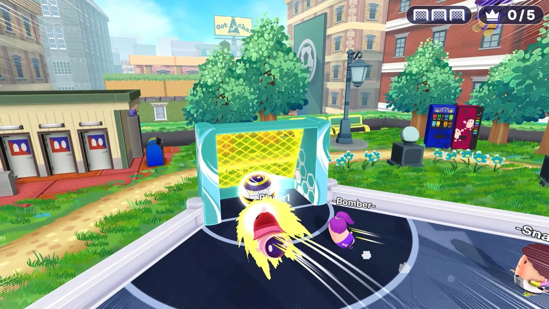 KICK BUDS: Player1 blasts a soccer ball into a small goal as Bomber chases in a city park arena.