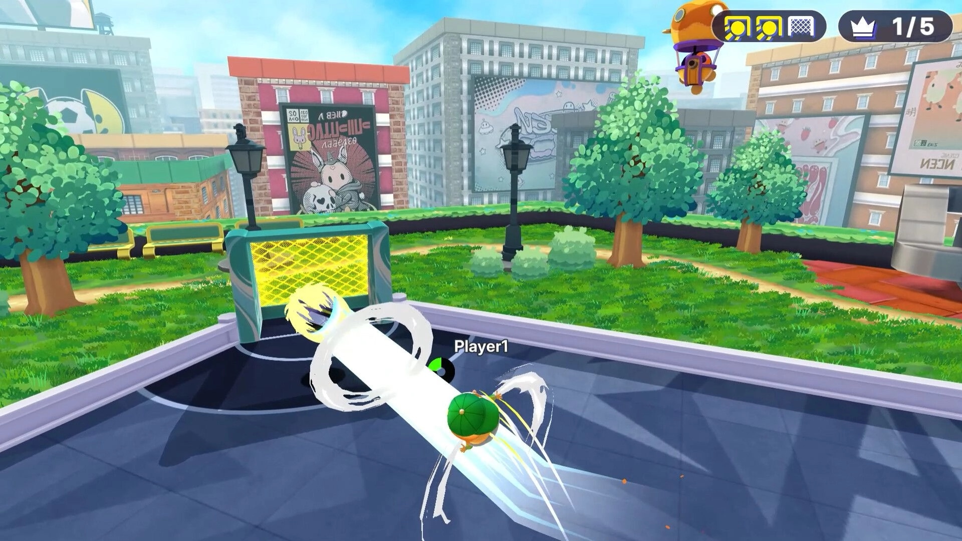 KICK BUDS: Player1 launches a spinning kick at the goal on a rooftop park court with 1/5 UI counter.