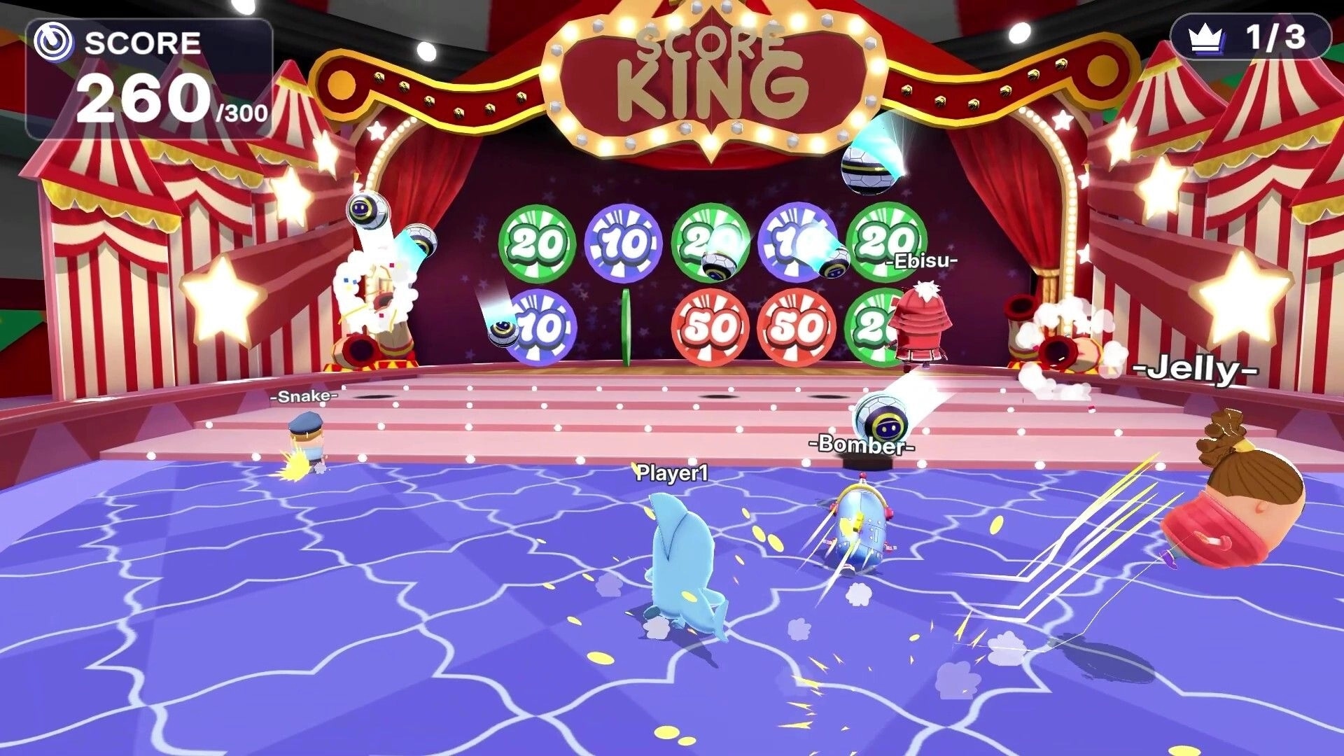 KICK BUDS: Player1 dashes on circus stage as balls hit score targets, SCORE 260/300 UI visible.