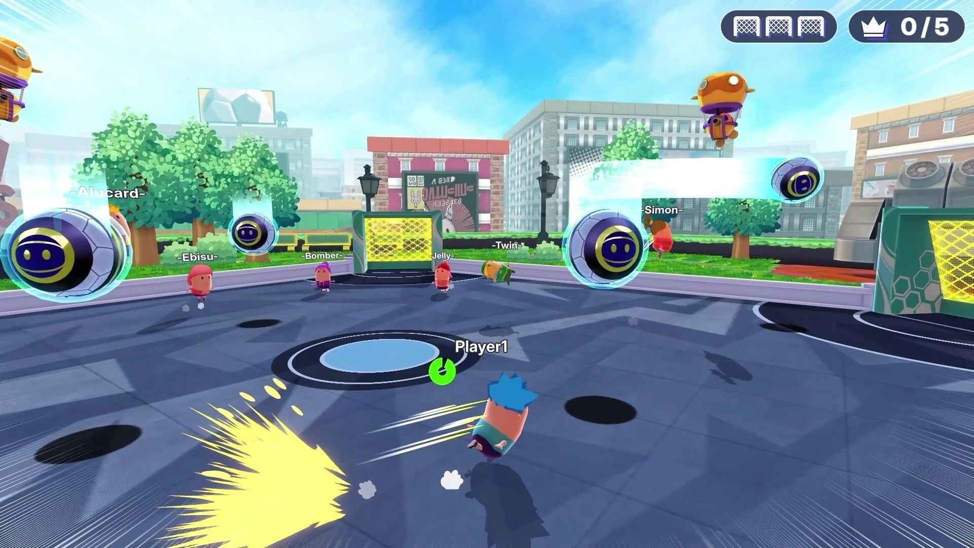 KICK BUDS: Player1 sprinting toward floating soccer balls and opponents on a city street arena court.