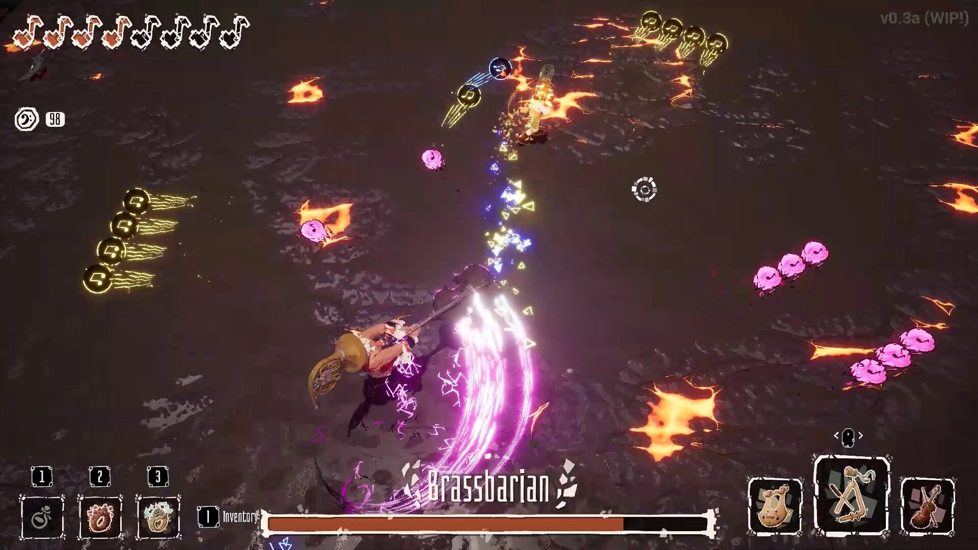 Kicking Brass: Brassbarian boss fight amid neon projectiles on a lava-cracked arena floor.