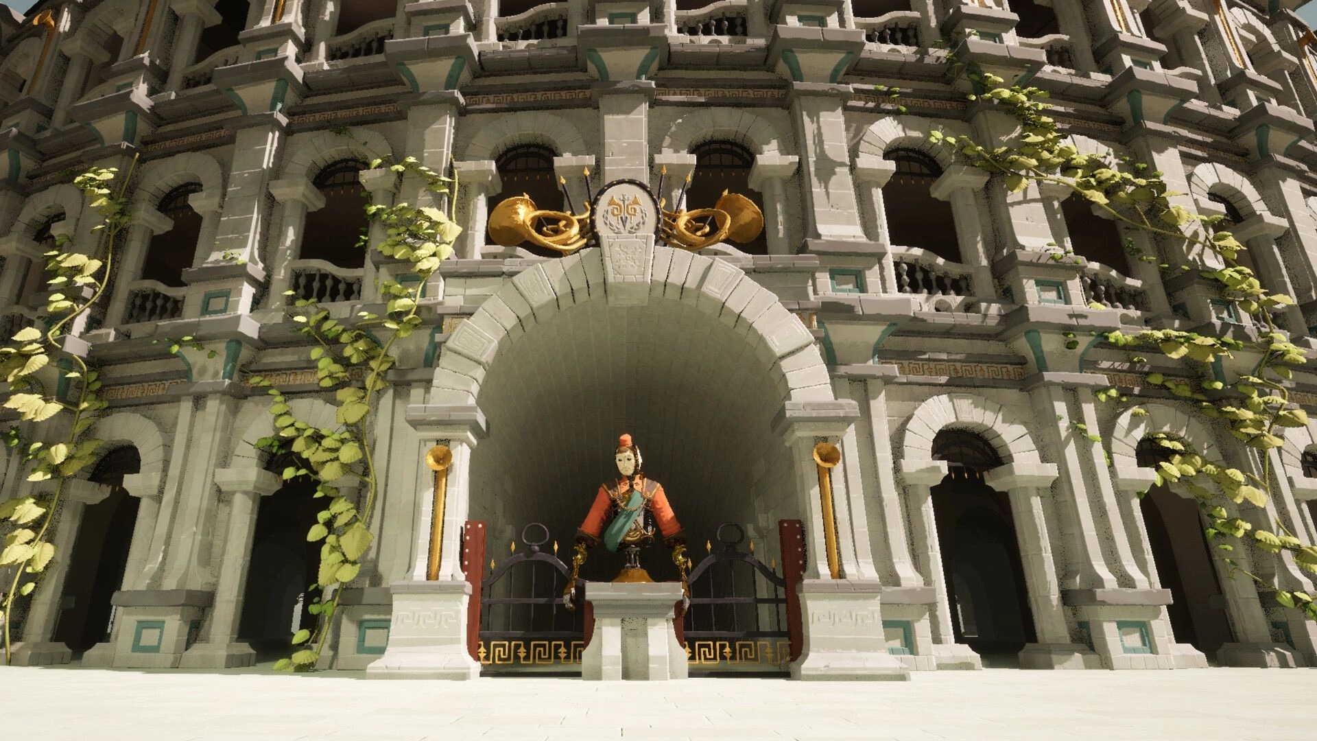 Kicking Brass: Masked guard stands before a gated archway in a grand vine-covered stone arena facade.