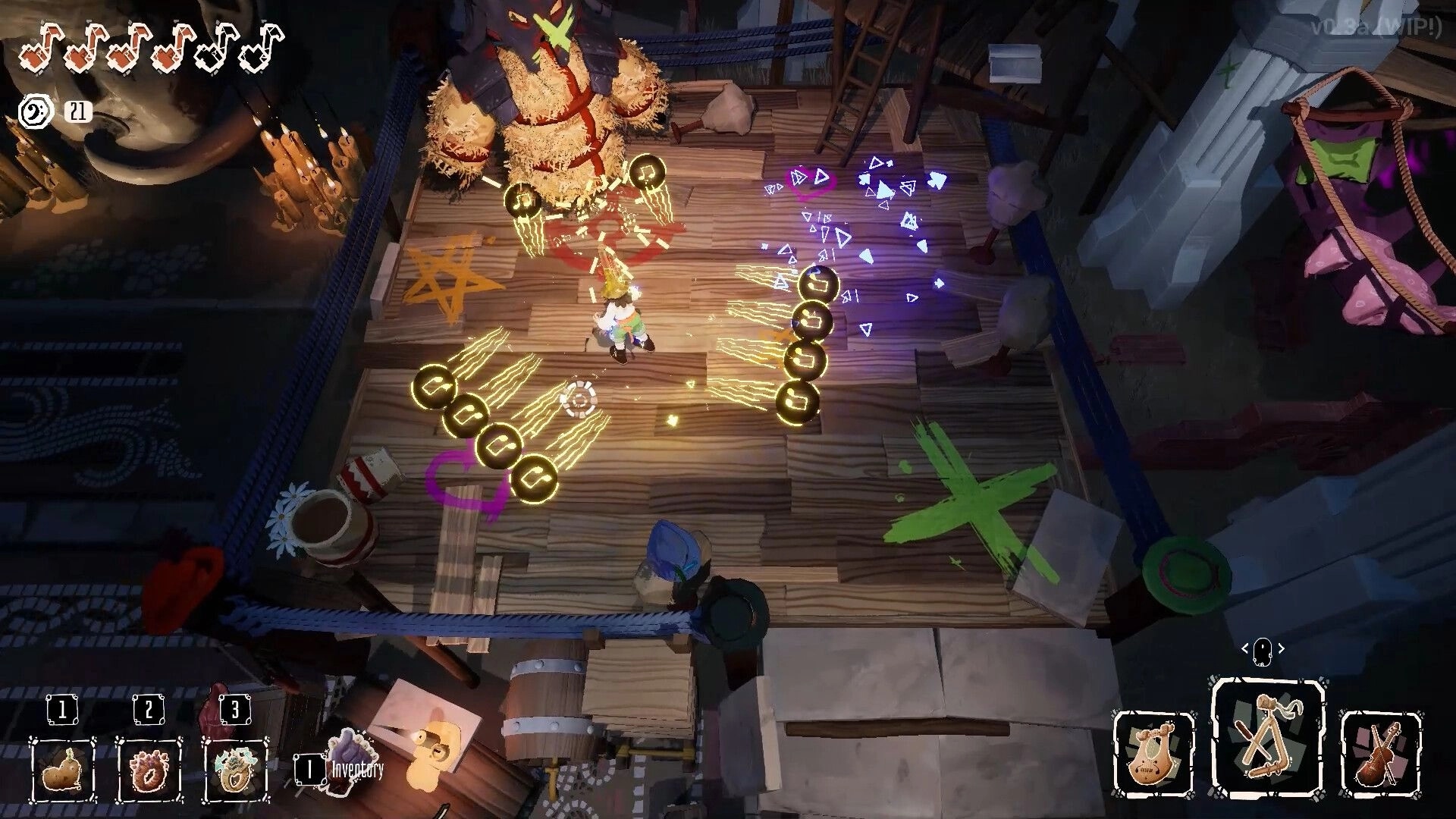 Kicking Brass: Player dodges glowing note projectiles on wooden arena floor with inventory UI visible.