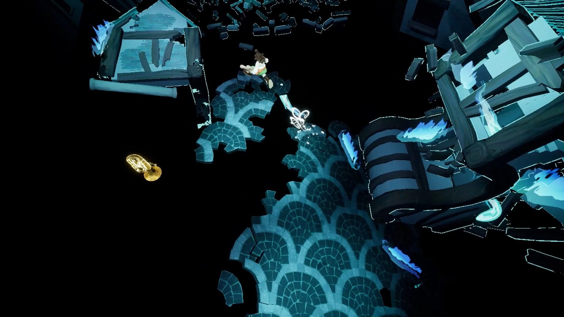 Kicking Brass: Player jumps across broken blue stone platforms in a dark void with a glowing tuba pickup.