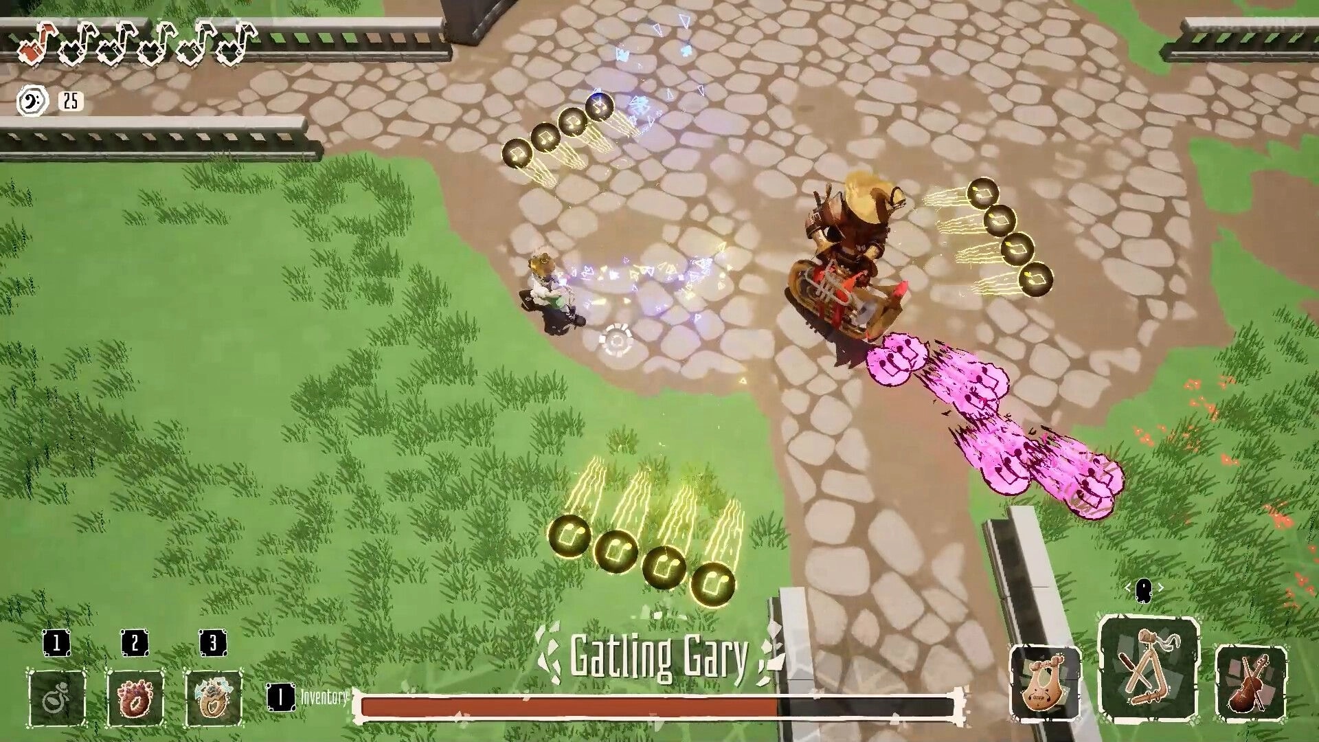 Kicking Brass: Boss fight vs Gatling Gary dodging note bullets on cobblestone path arena UI visible.