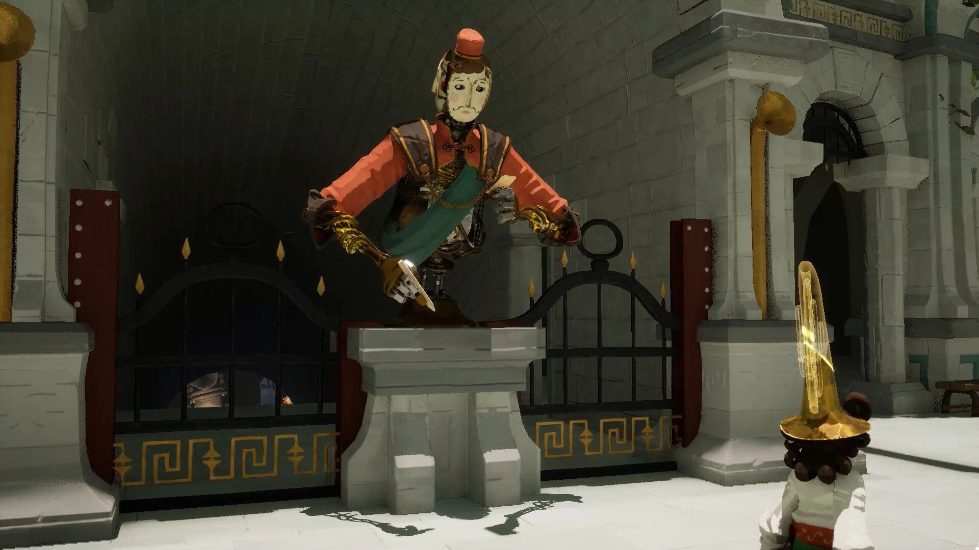 Kicking Brass: Guard puppet with dagger leans over gate in stone tunnel courtyard, tuba-headed hero watches.