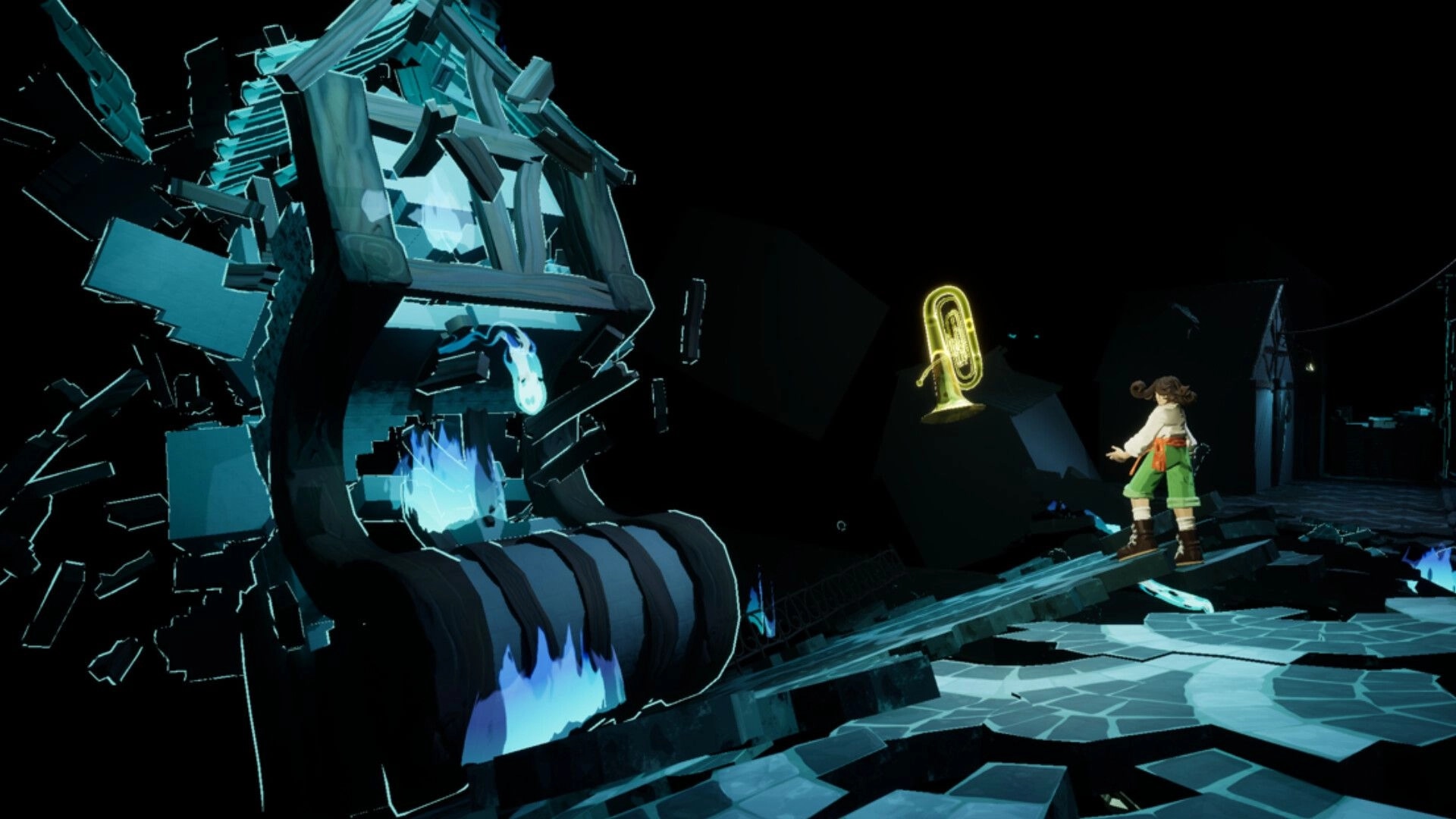 Kicking Brass: Player stands by a glowing tuba icon amid shattered blue machinery in dark ruins.