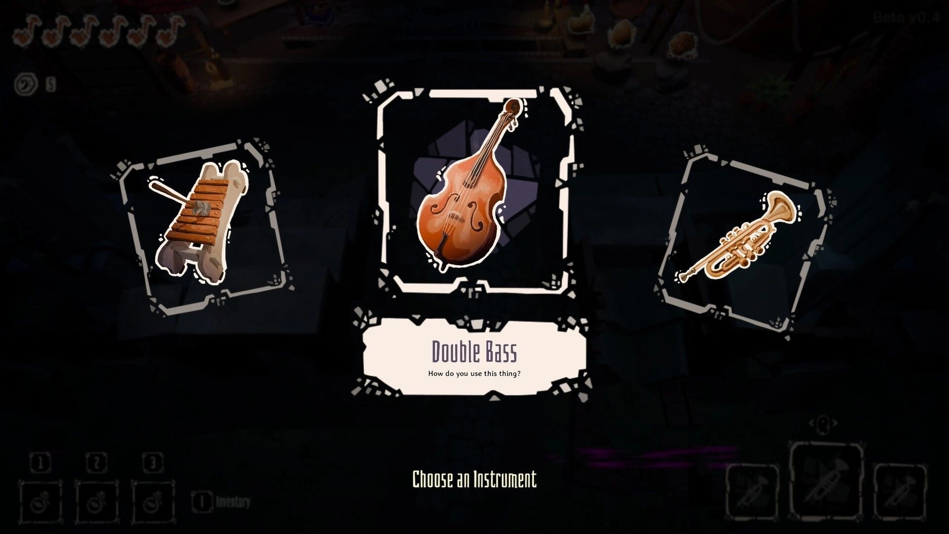 Kicking Brass: Instrument selection menu highlighting Double Bass, with xylophone and trumpet options on dark UI.