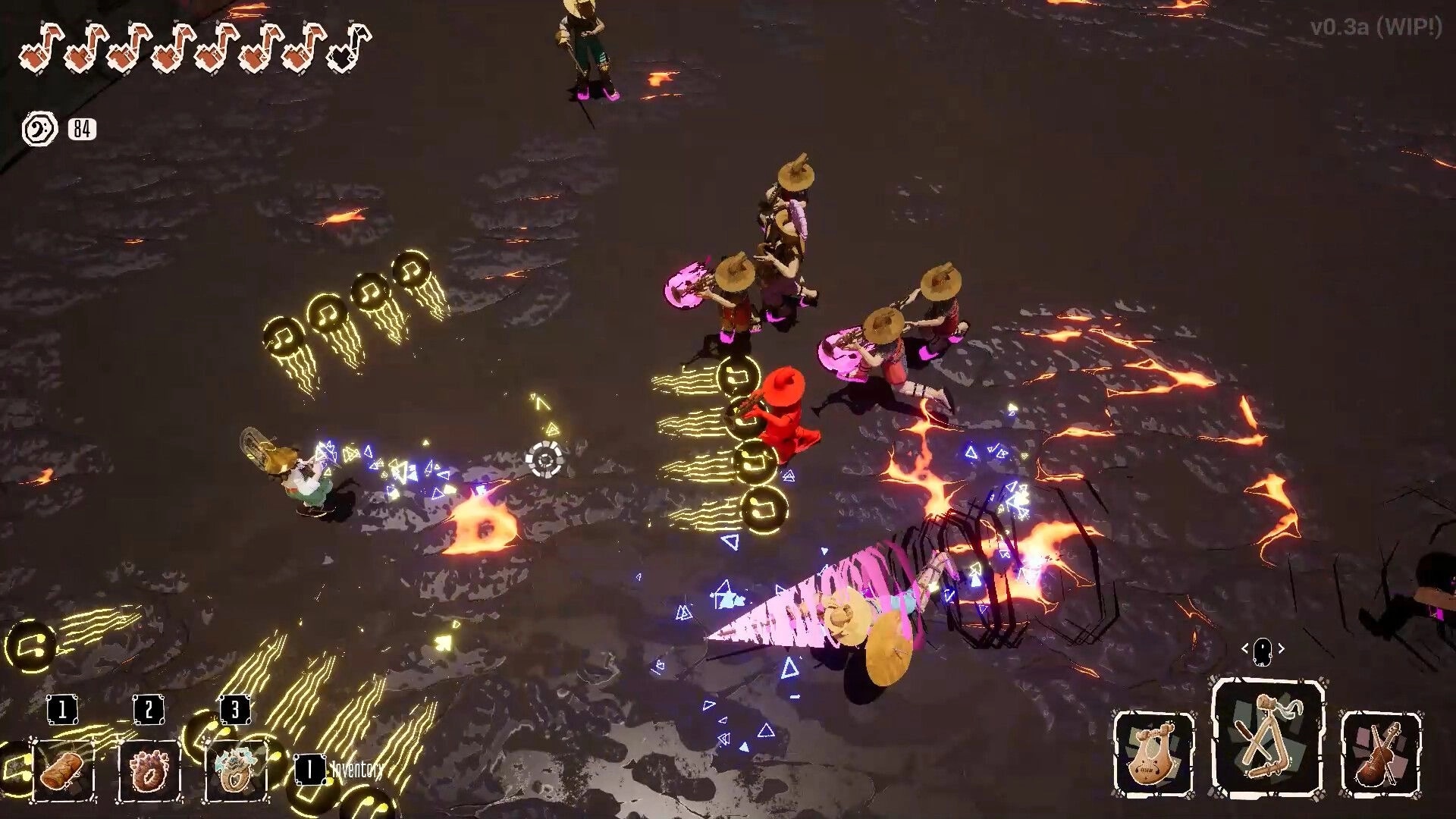 Kicking Brass: Top-down firefight with music-note bullets and hotbar UI on a cracked lava arena floor.
