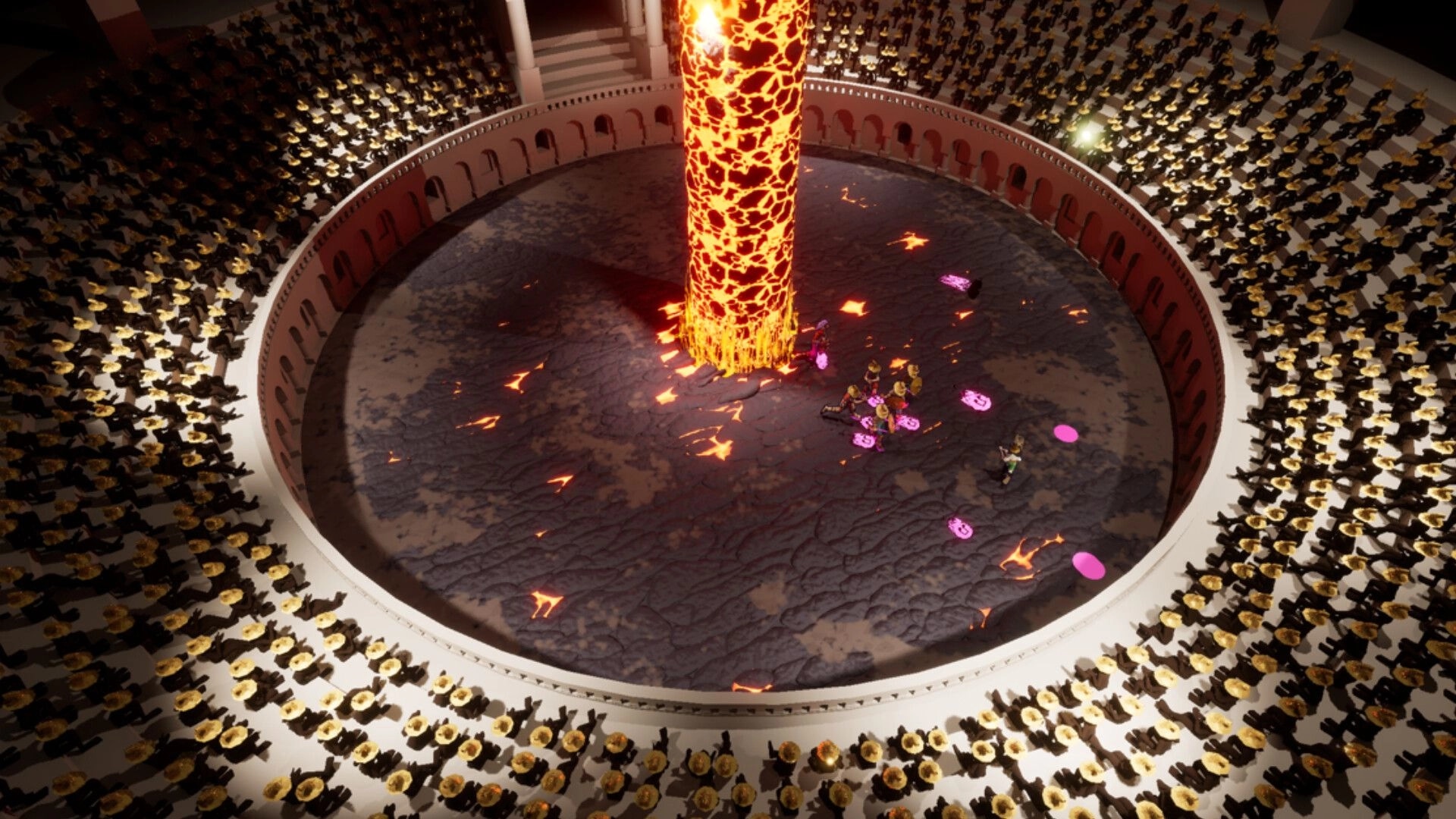 Kicking Brass: Overhead boss fight dodging pink projectiles around a lava pillar in crowded arena.