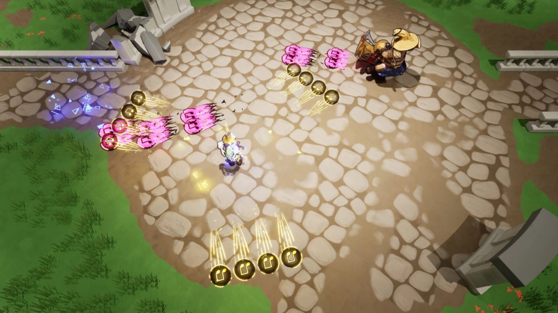 Kicking Brass: Top-down duel firing musical note bullets and pink fists on a cobblestone arena courtyard.