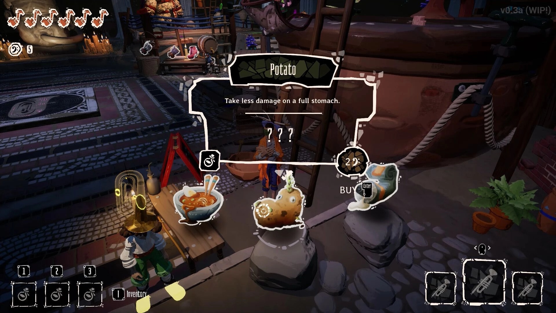 Kicking Brass: Buying Potato perk in shop UI beside food items in a dim prison market corridor.