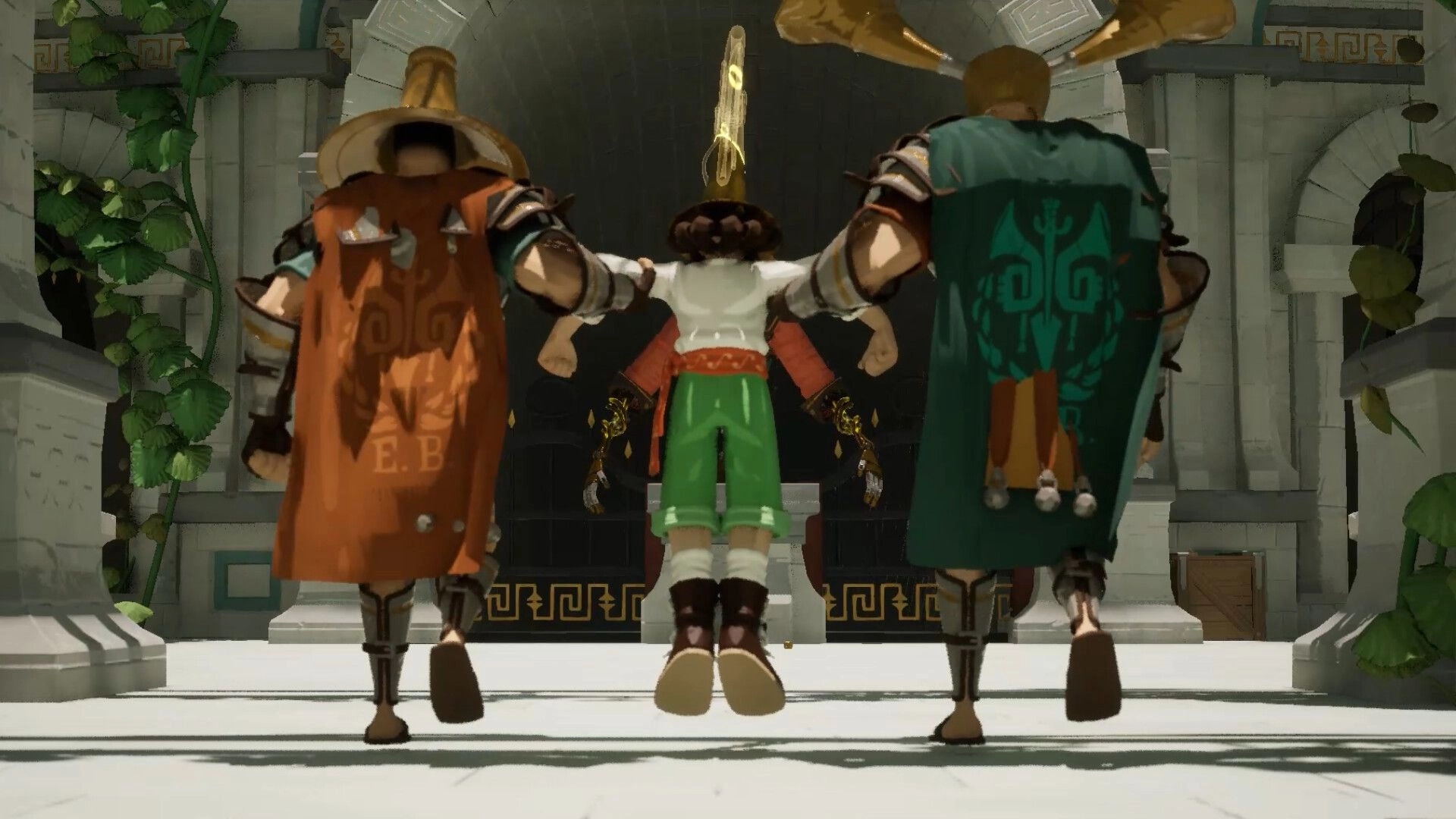 Kicking Brass: Two armored guards hoist a captive toward a golden portal in a stone temple hall.