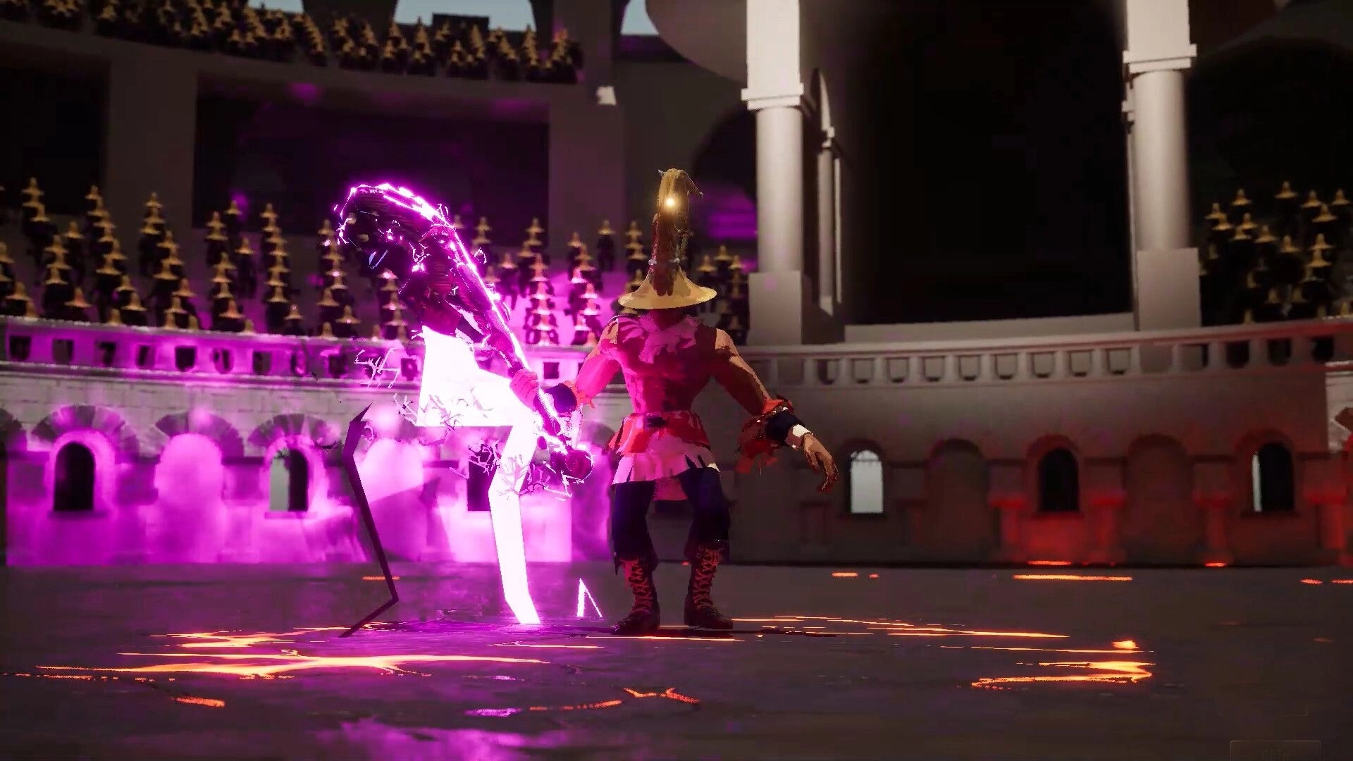 Kicking Brass: Player character faces glowing purple scythe boss in a grand coliseum arena at night.