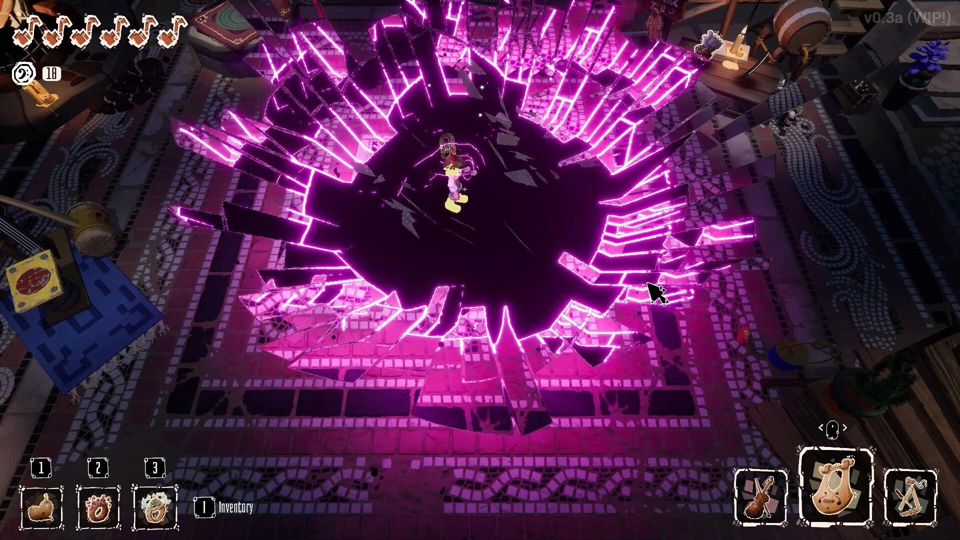 Kicking Brass: Player stands by a huge purple energy crater in a tiled arena with inventory UI.