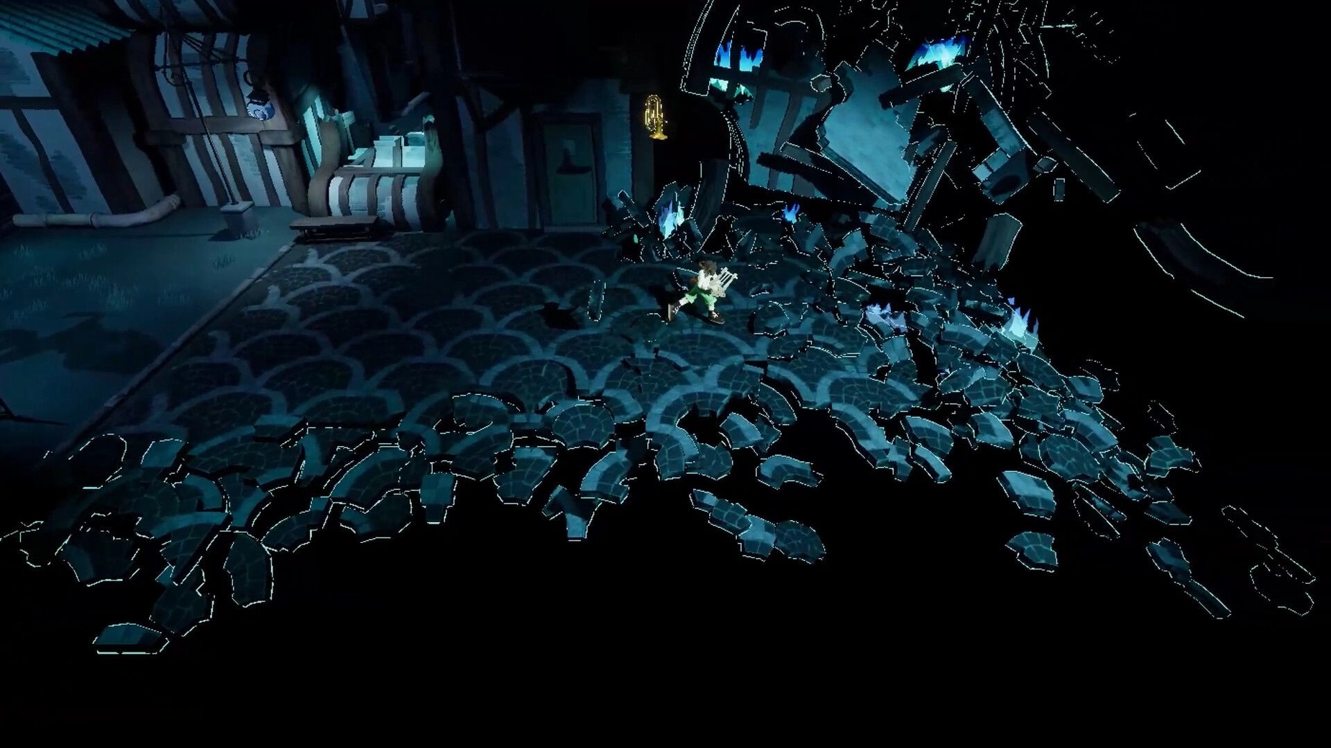Kicking Brass: Player runs past shattered blue tiles and shadowy debris in a dim industrial room.