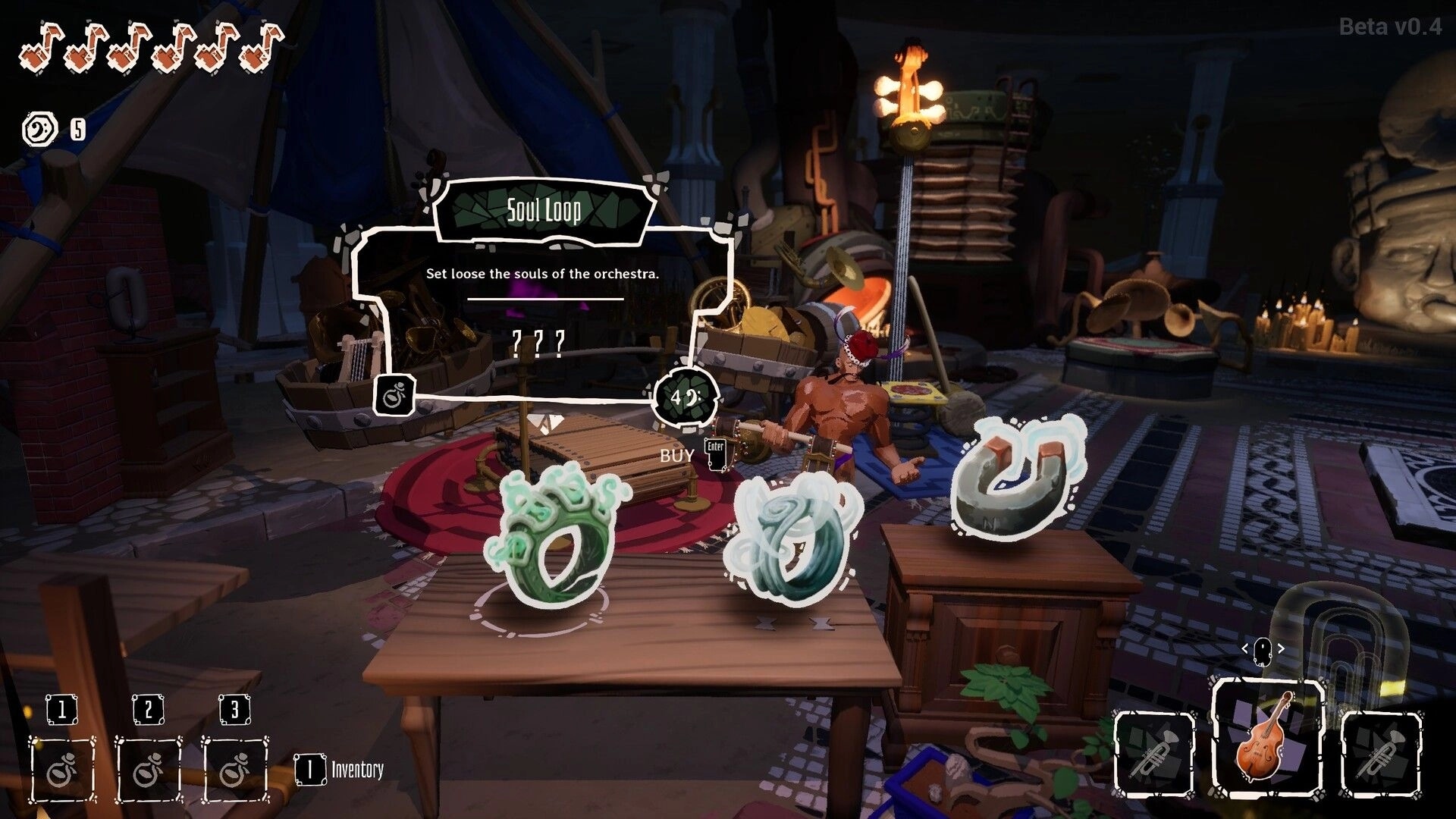 Kicking Brass: Shop purchase menu for Soul Loop with three item icons in a cluttered music room.