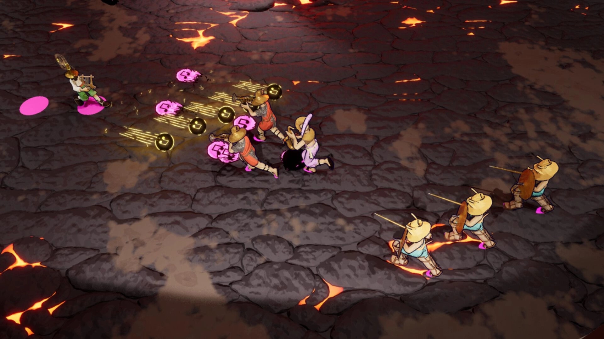 Kicking Brass: Tuba-headed fighters fire musical notes at guards on a cracked lava-stone arena floor.