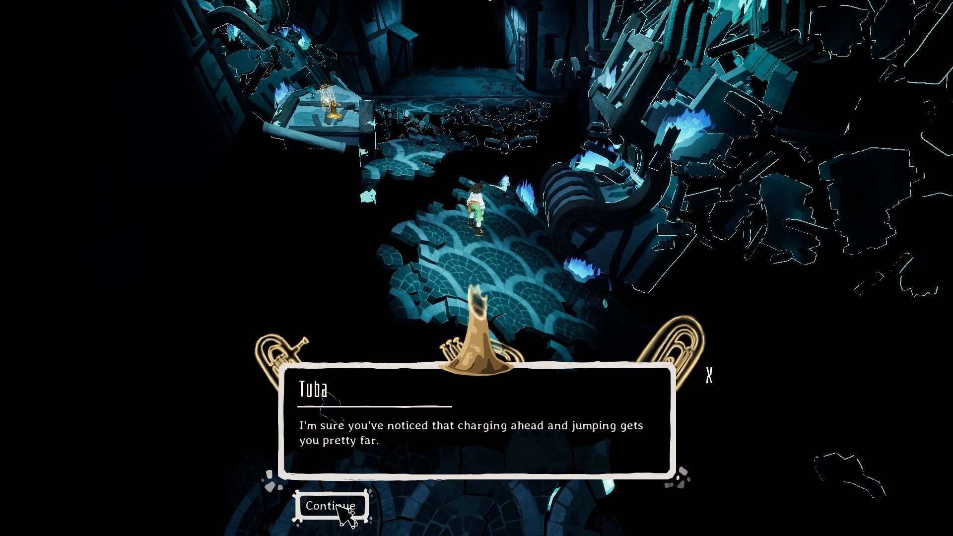 Kicking Brass: Tuba dialogue box over player in shattered neon-blue arena corridor with rubble.