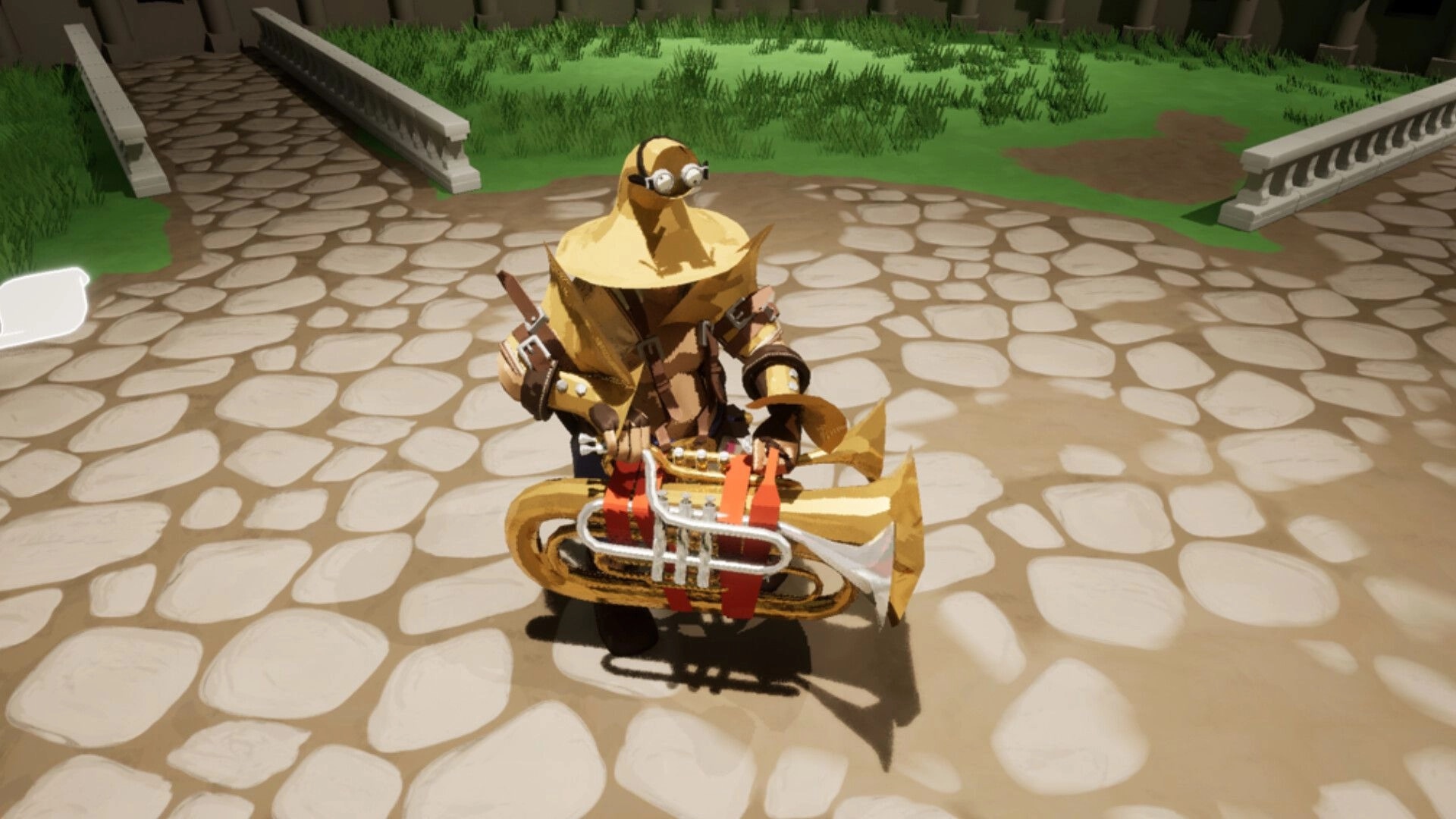 Kicking Brass: Tuba-headed prisoner character holding a brass weapon on a cobblestone courtyard path.