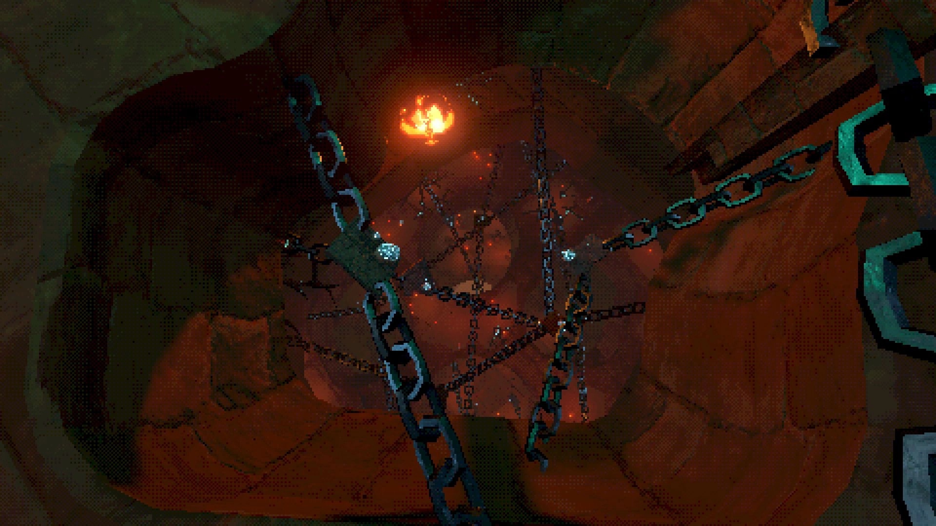 Kick'n Hell: Player navigates chains and fiery pit in a cavernous underground environment.