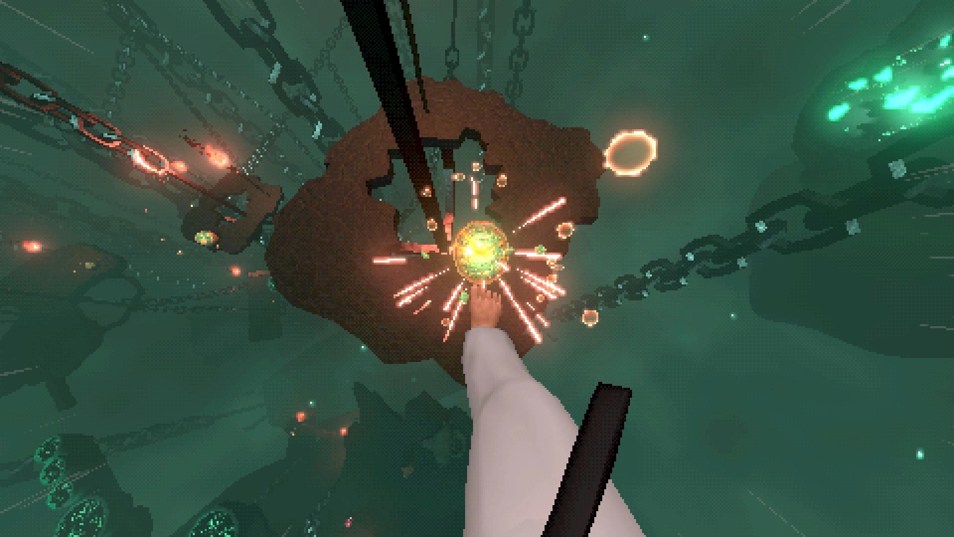 Kick'n Hell: Player kicks glowing orb in mid-air, surrounded by chains in a dark, fiery environment.