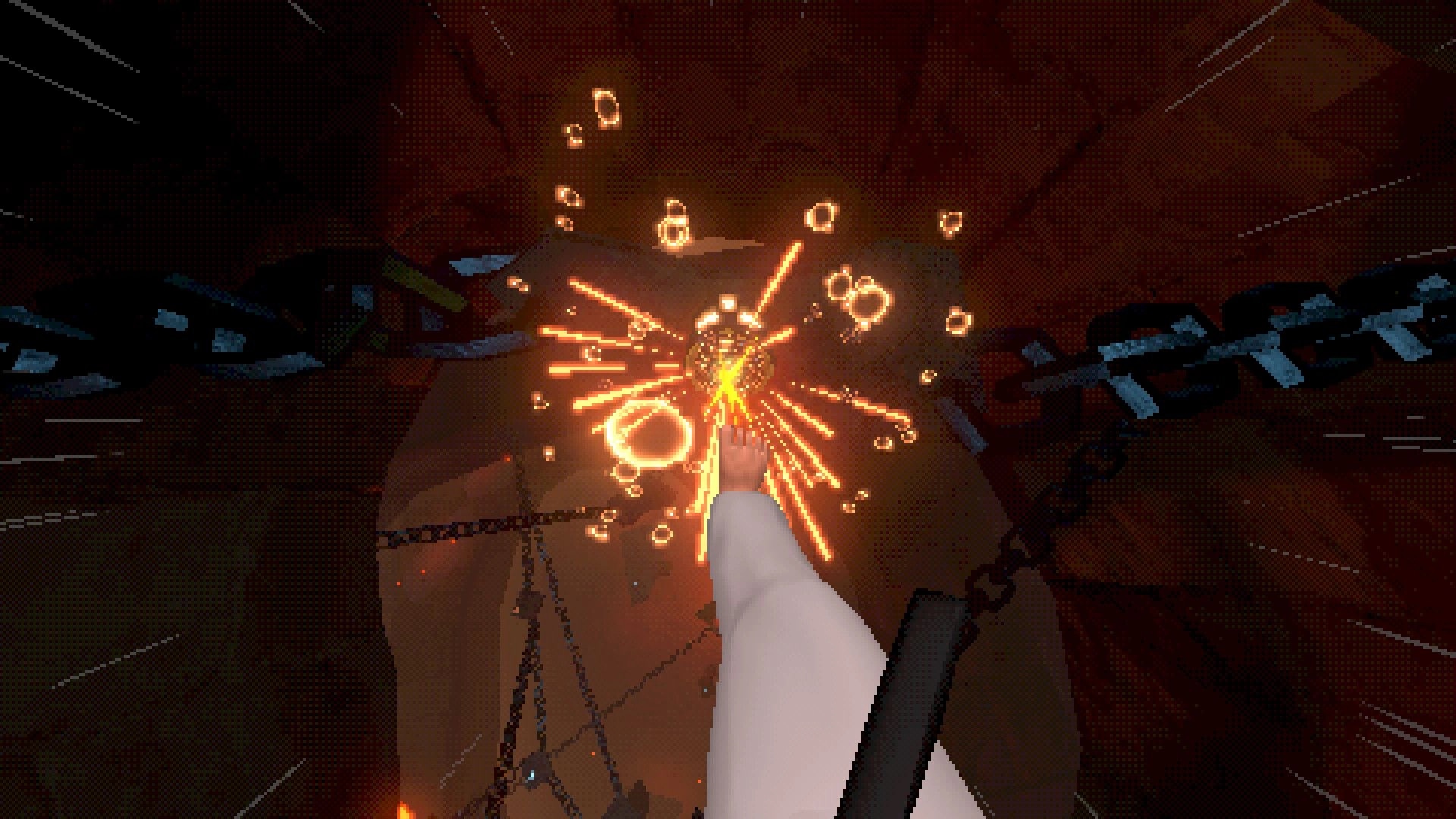 Kick'n Hell: Player reaching for fiery orb amidst chains in dark cavern environment