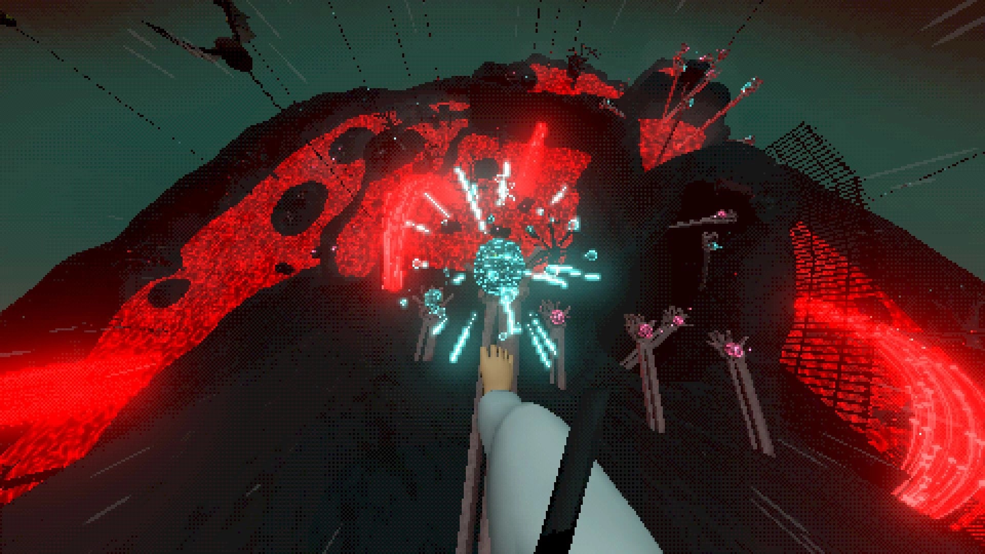 Kick'n Hell: Player climbs fiery mountain using glowing blue staff in a dark, lava-filled environment.