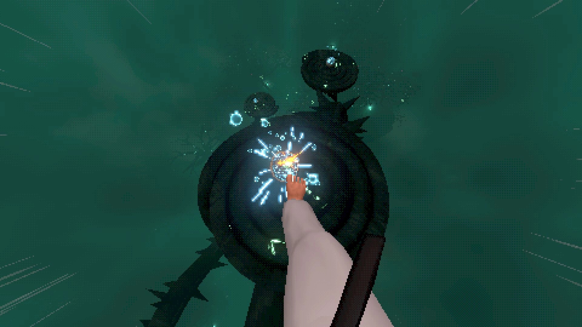 Kick'n Hell: Player's hand reaching glowing platform in dark, mystical hellscape environment.