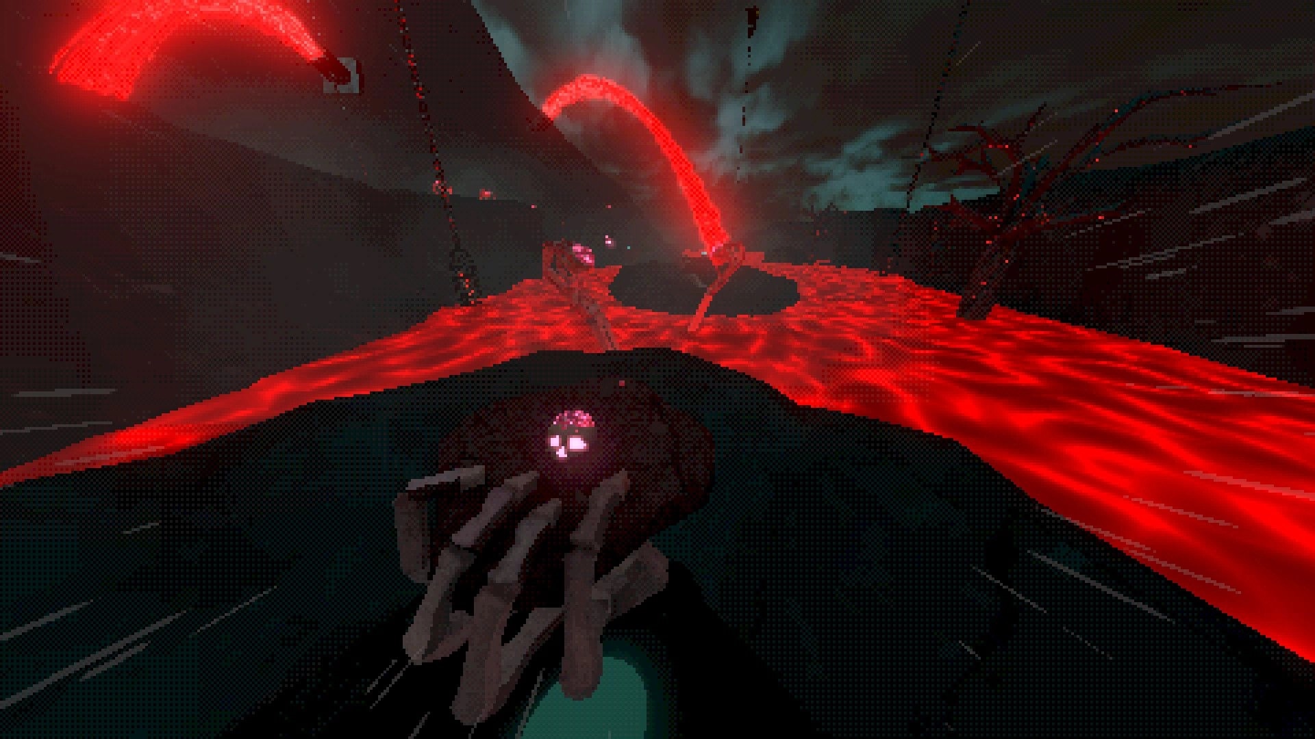 Kick'n Hell: Player navigates treacherous platforms over flowing lava river, surrounded by dark landscape.