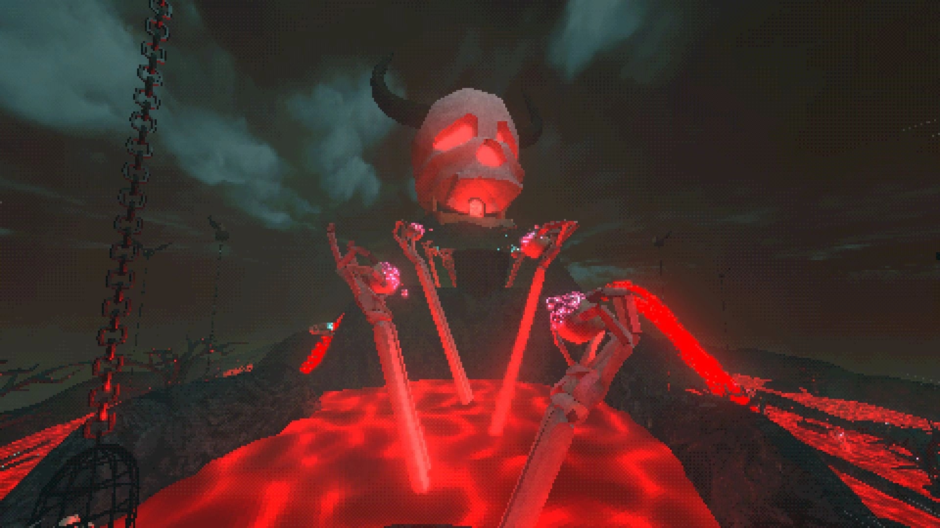 Kick'n Hell: Giant demon skull above glowing lava with skeletal hands reaching up in dark, ominous setting.