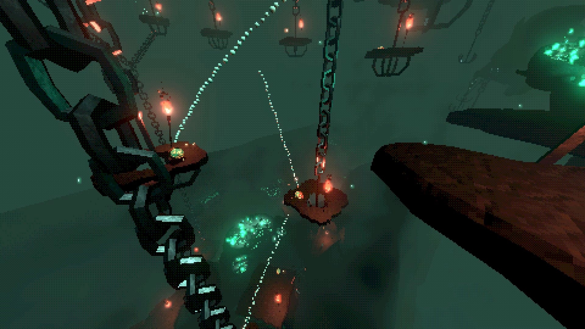 Kick'n Hell: Player navigates chains and platforms in dimly lit cavern with glowing green lights