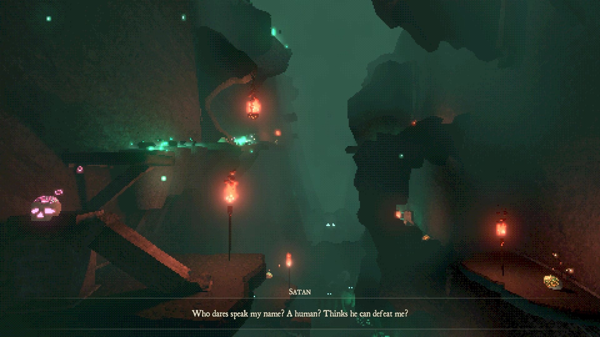 Kick'n Hell: Player navigates dim, rocky platforms with glowing lanterns in a cavernous underworld setting.