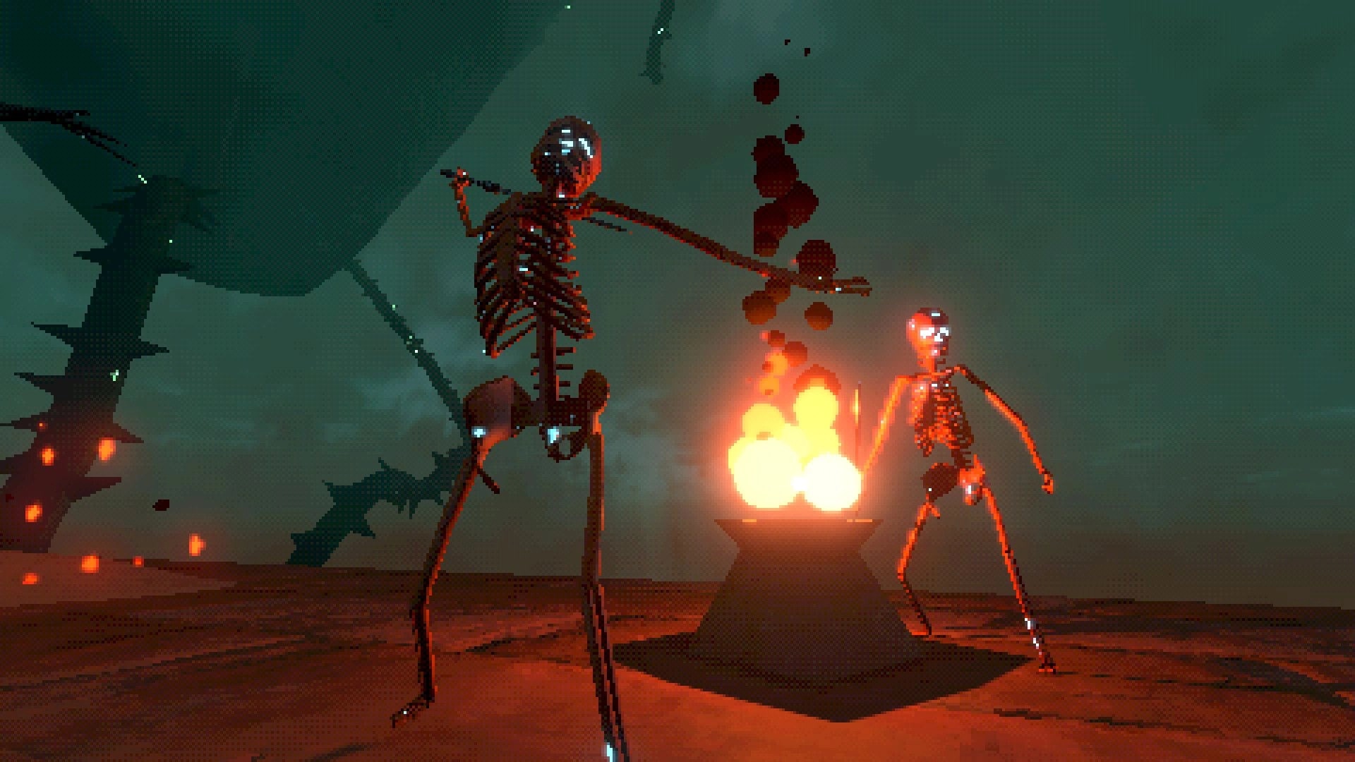 Kick'n Hell: Two skeletal figures dance around a blazing fire pit in a dark, eerie underworld setting.