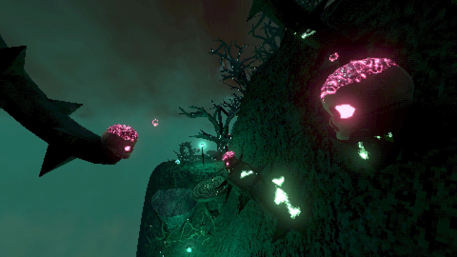 Kick'n Hell: Climb luminescent skulls on a dark cliff with eerie, glowing trees in the background.