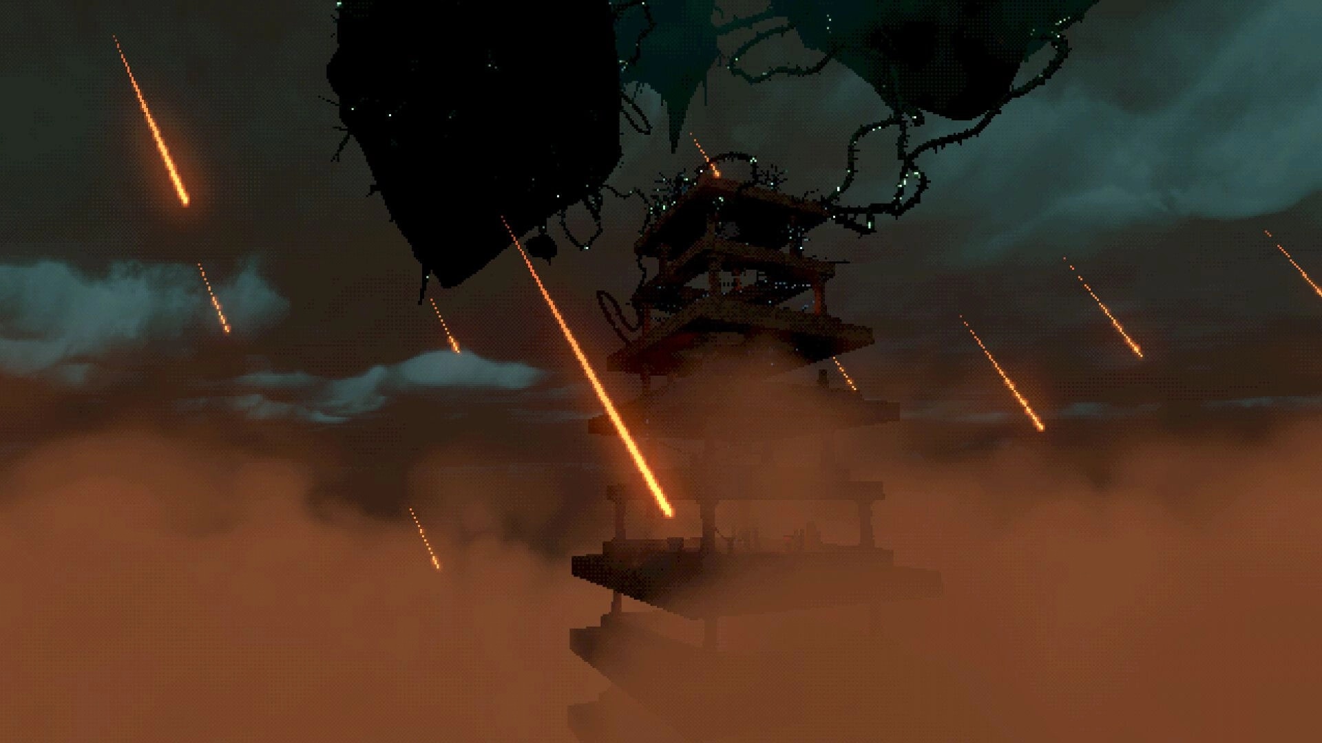 Kick'n Hell: Dark tower surrounded by fiery meteors falling through cloudy, ominous sky in hellish landscape.