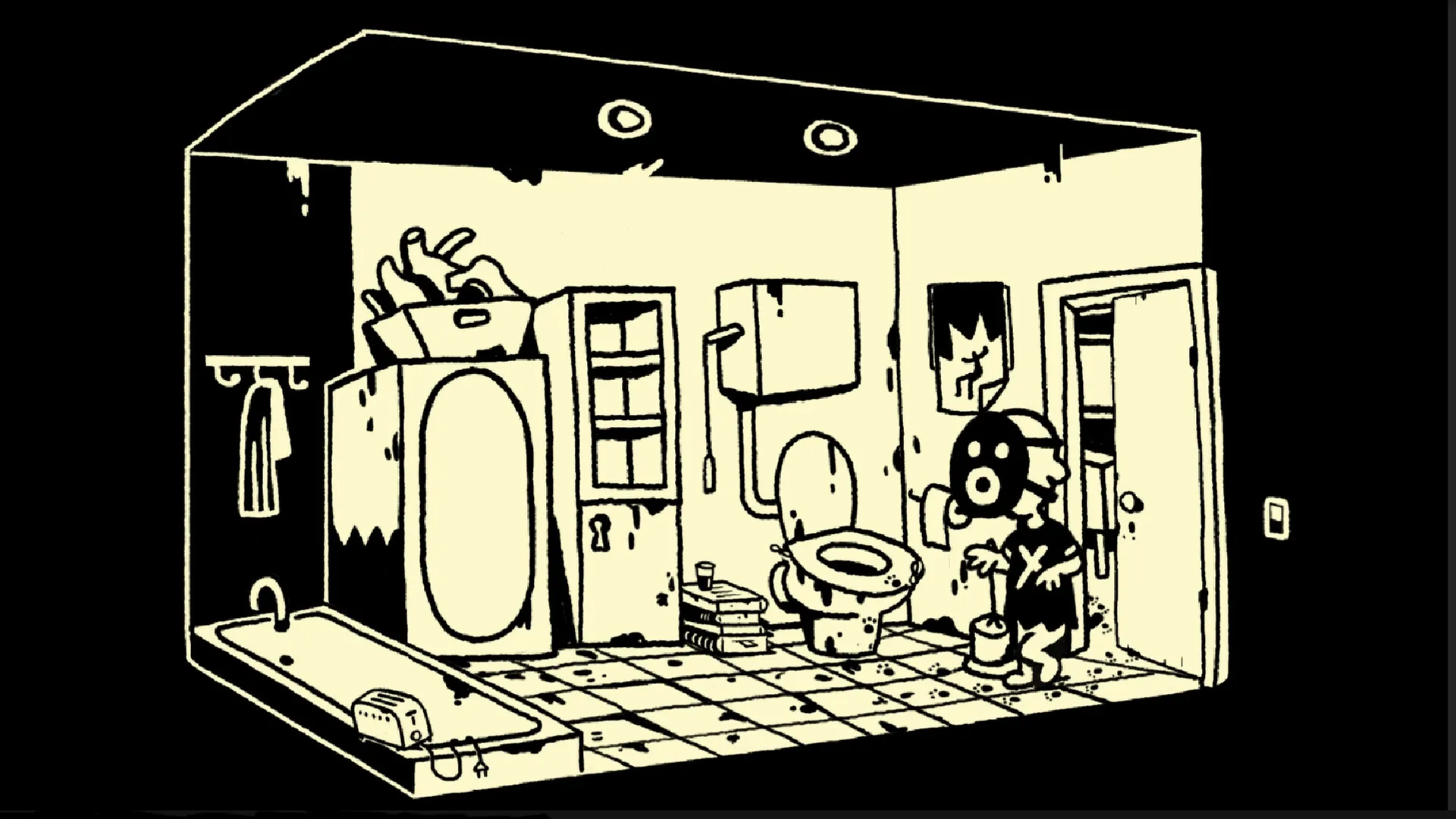 KIDDO: Character in mask holding plunger in a cluttered bathroom with a bathtub and toilet visible.