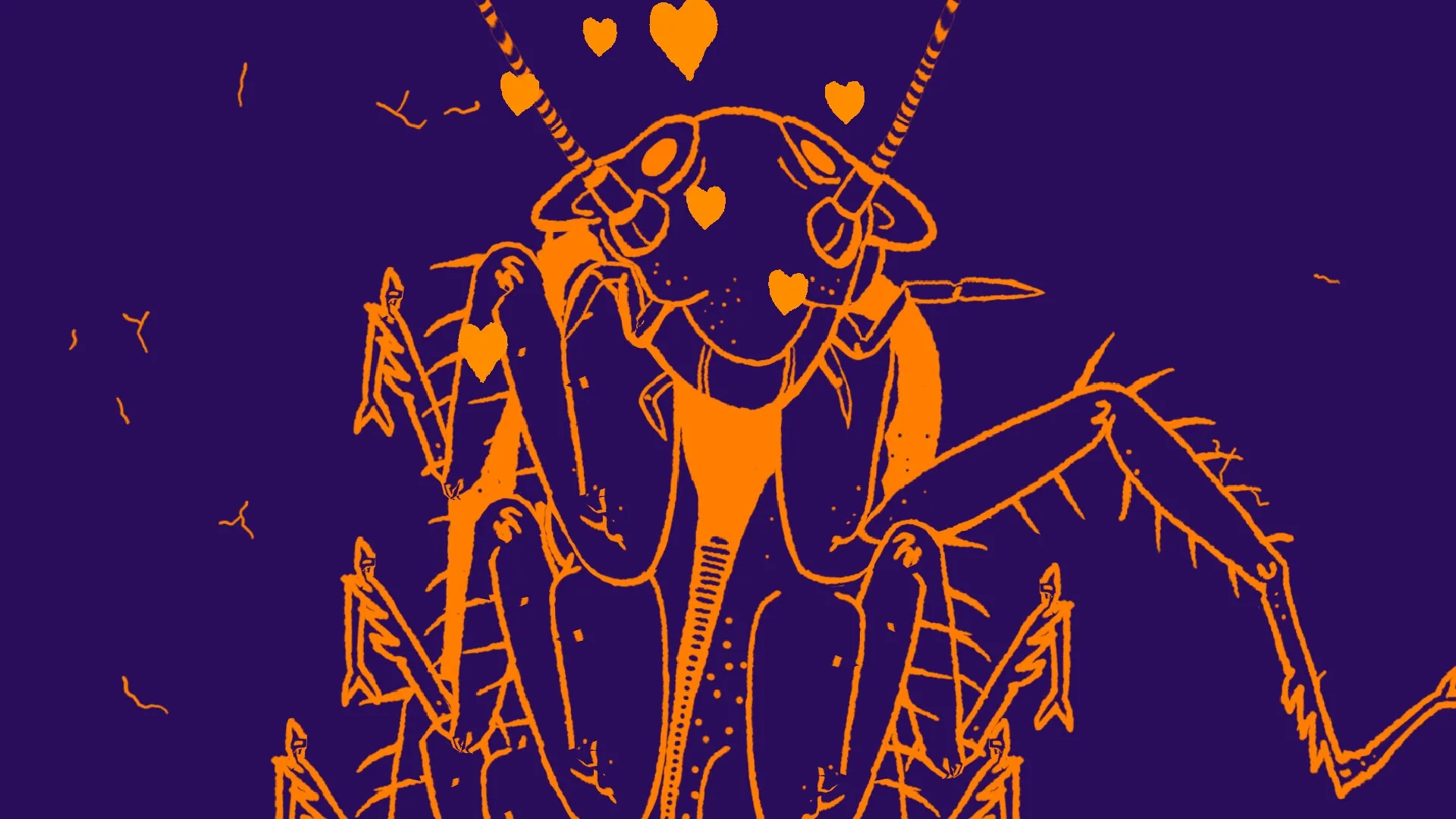KIDDO: Giant orange insect with hearts floating around its head on a dark blue background