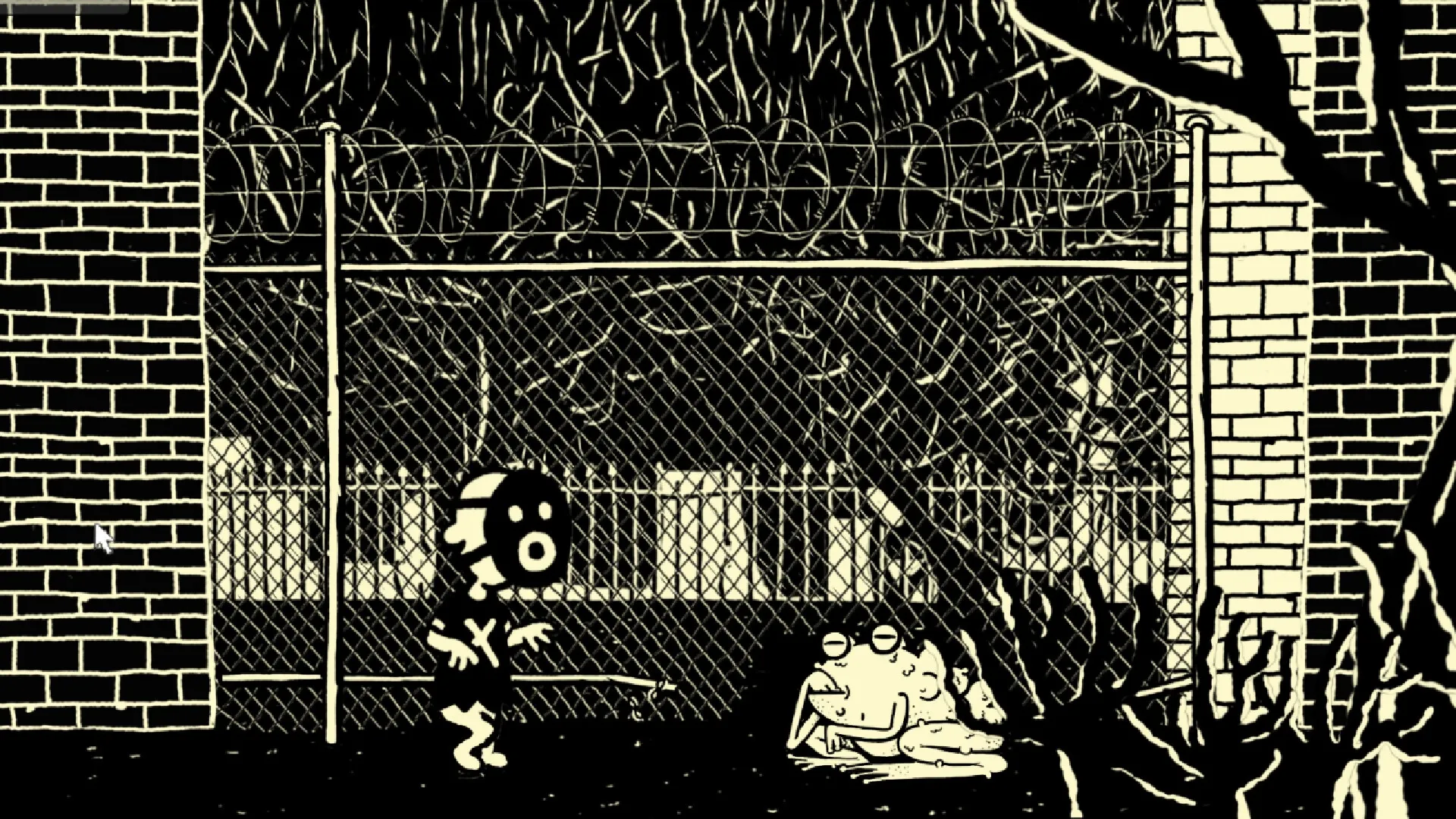 KIDDO: Character confronts strange creature near chain-link fence and brick walls in a dark forest setting.