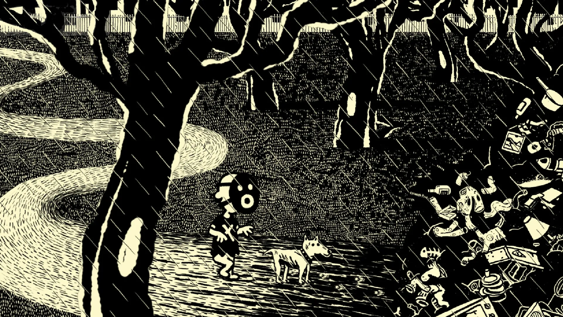 KIDDO: Character with dog exploring a dark forest, encountering a pile of miscellaneous objects.