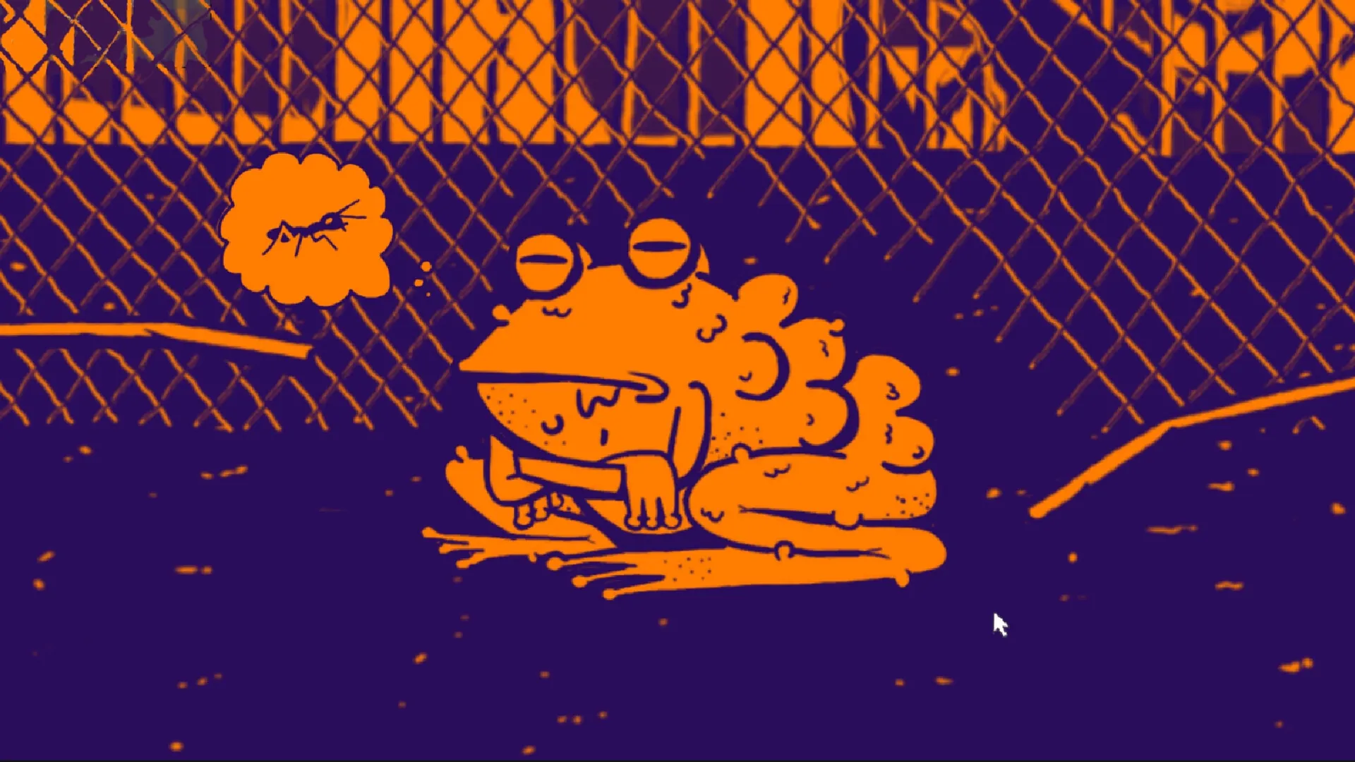KIDDO: Cartoon frog lounges near fence with thought bubble, set against vibrant orange and purple hues.
