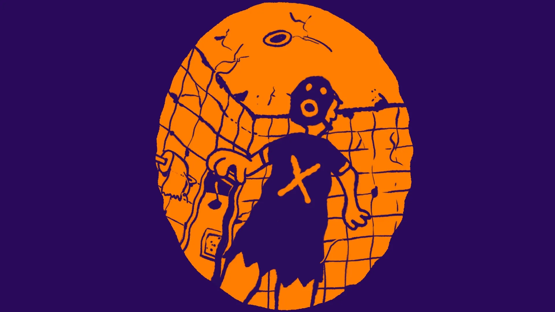 KIDDO: Character with an X on shirt stands in cracked, tiled room holding a bottle with hand-drawn style.