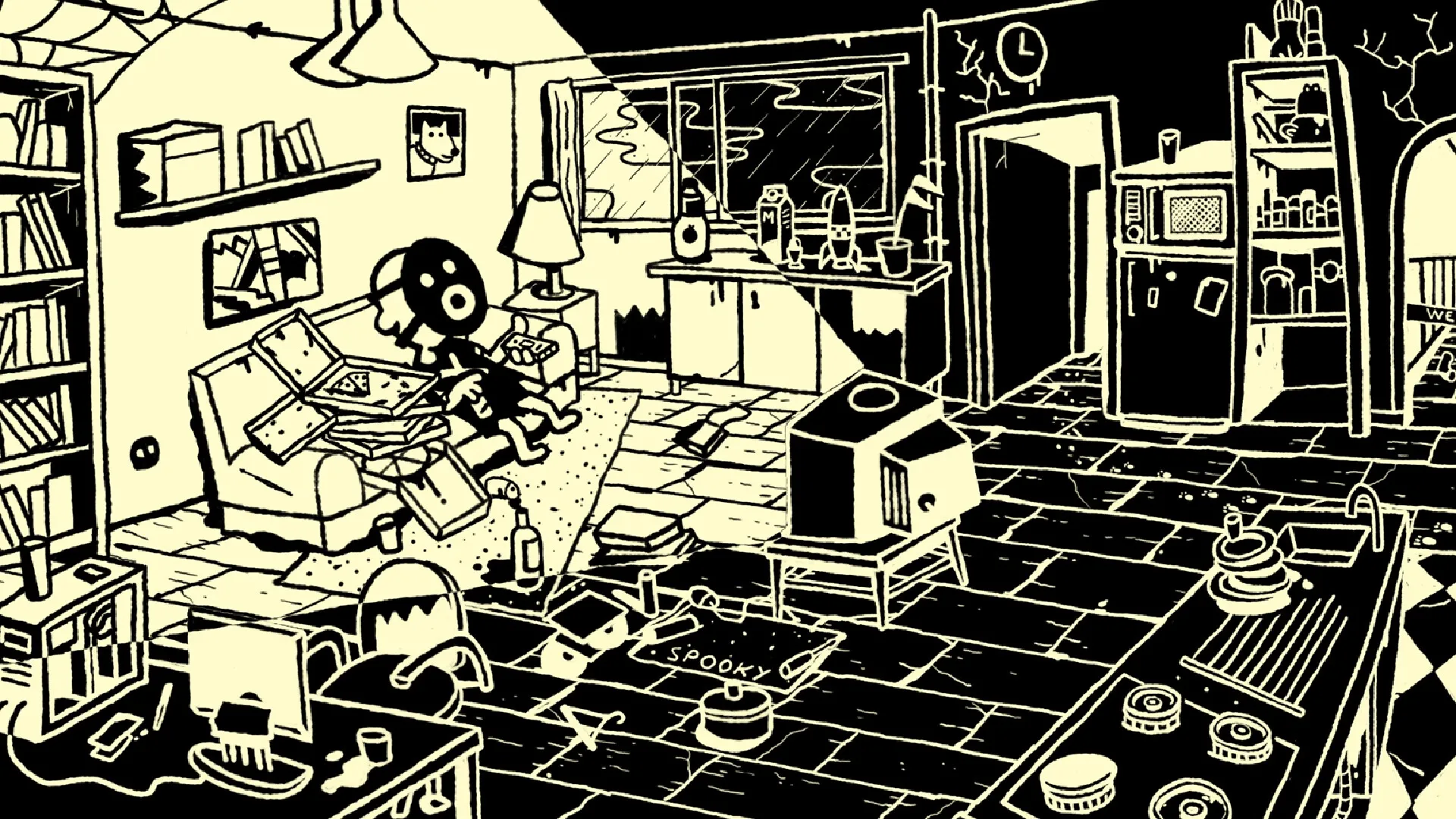 KIDDO: Character lounges on cluttered couch with pizza boxes in cozy, messy living room environment.