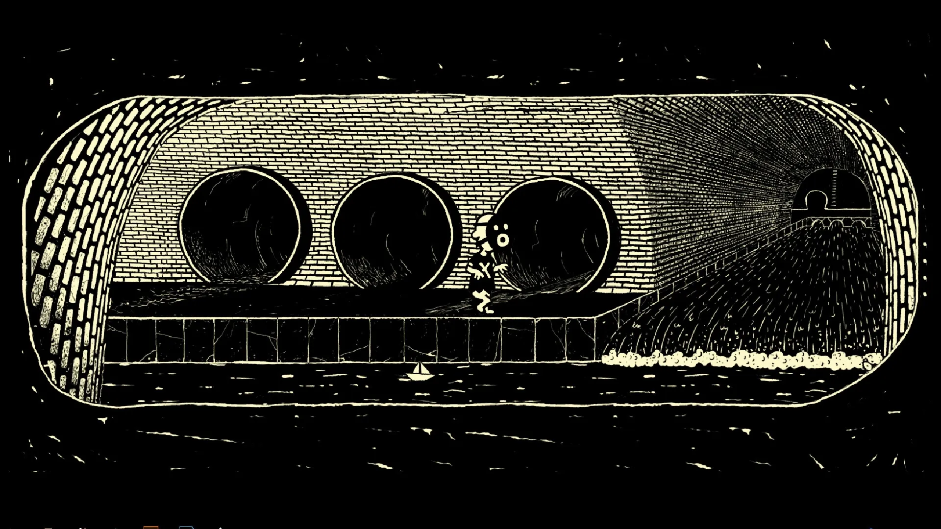 KIDDO: Character exploring a brick sewer tunnel with water flowing and three large pipe openings