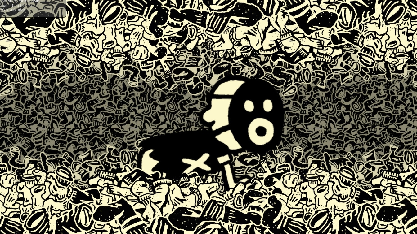 KIDDO: Character with large eyes crawling through a chaotic pile of abstract, monochrome illustrations