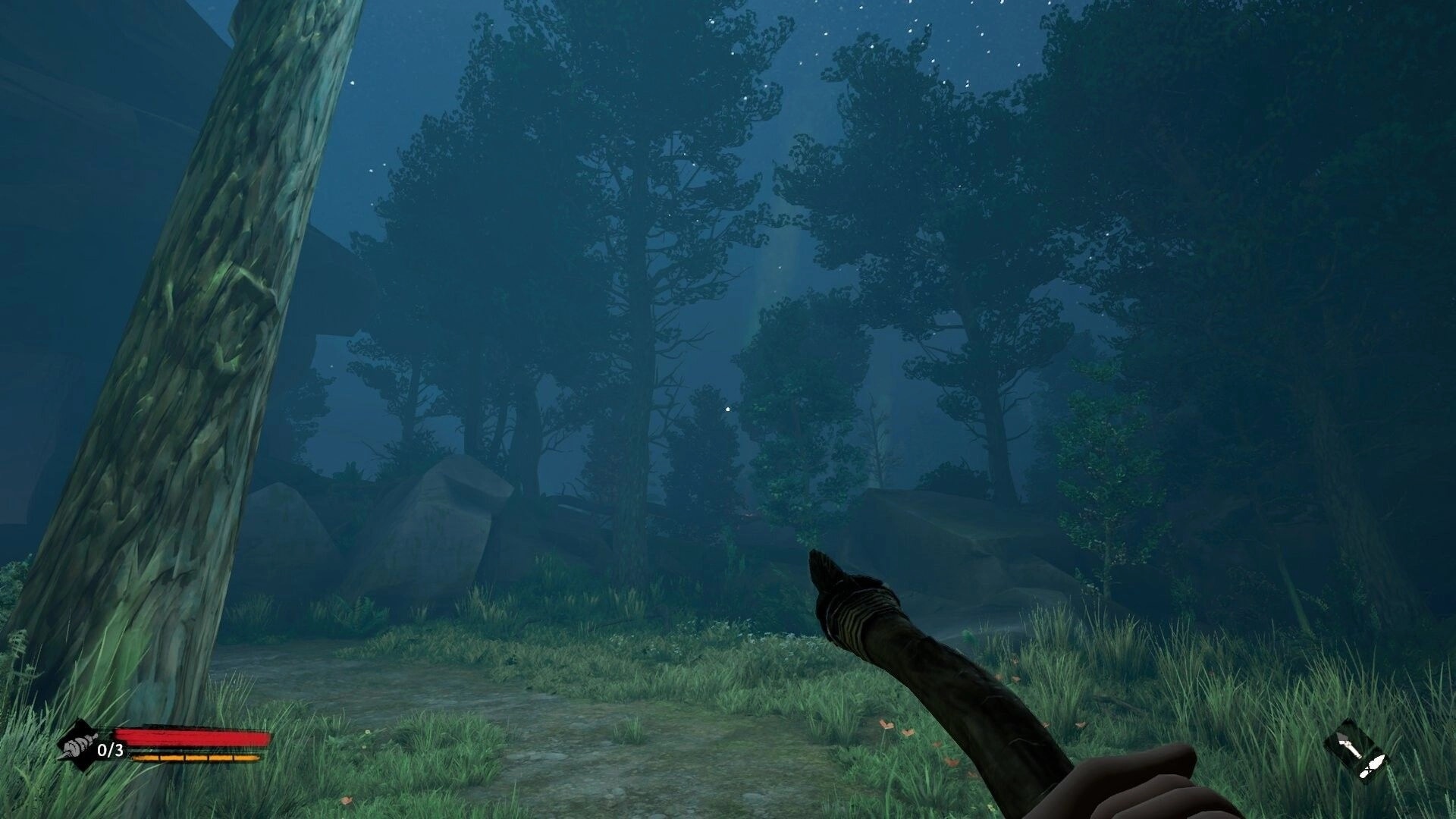 Kiipluu: First-person view holding a spear on a forest path at night with health and ammo UI visible.