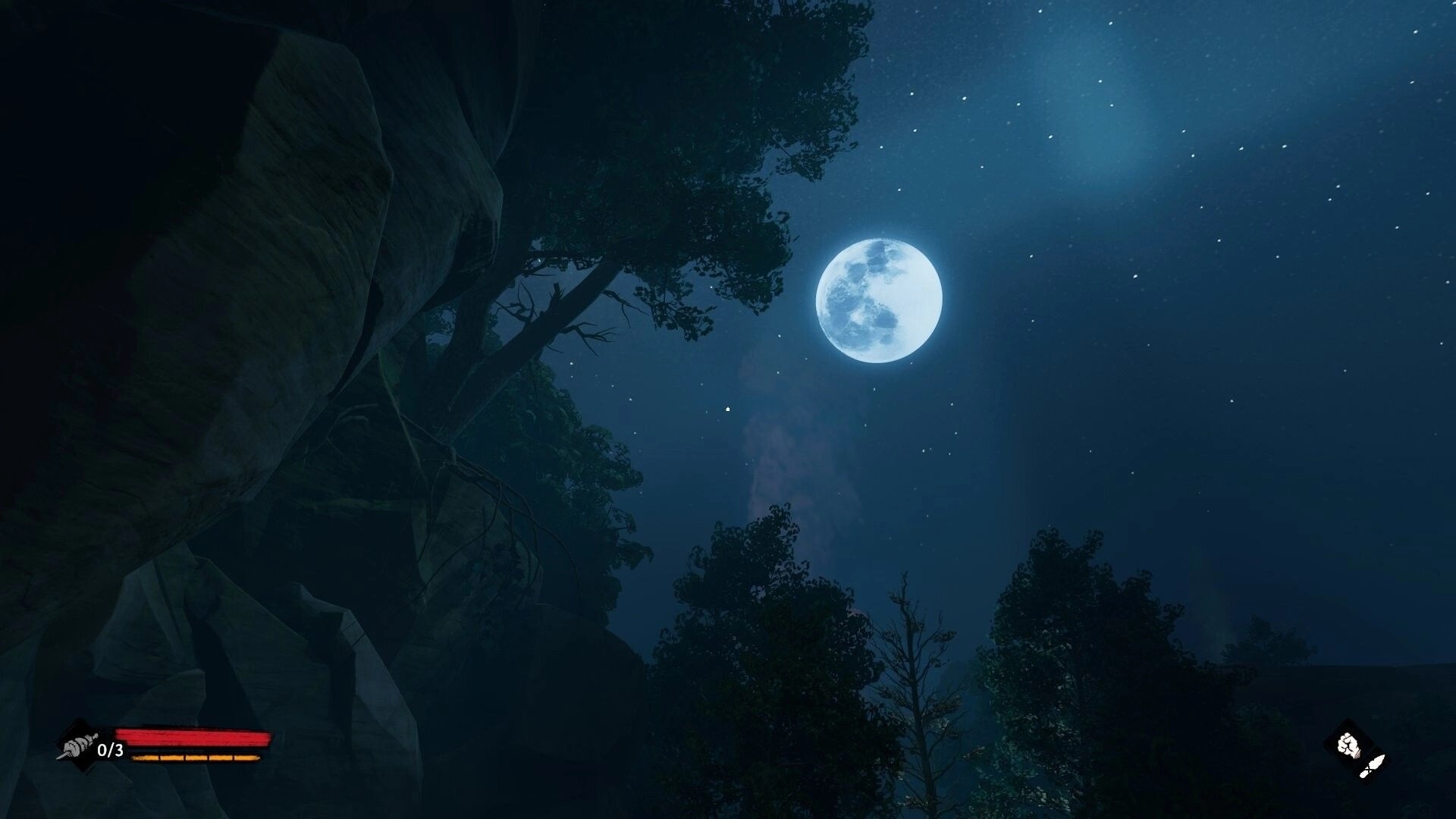 Kiipluu: Full moon over treetops with minimal HUD bars and 0/3 counter in a night forest.