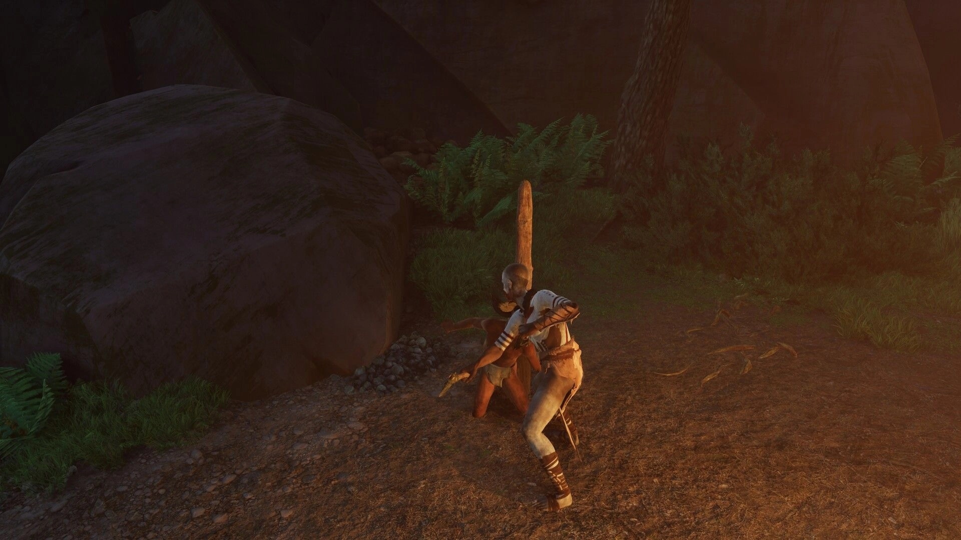 Kiipluu: Two tribal fighters grapple in melee beside a boulder on a forest path at dusk.